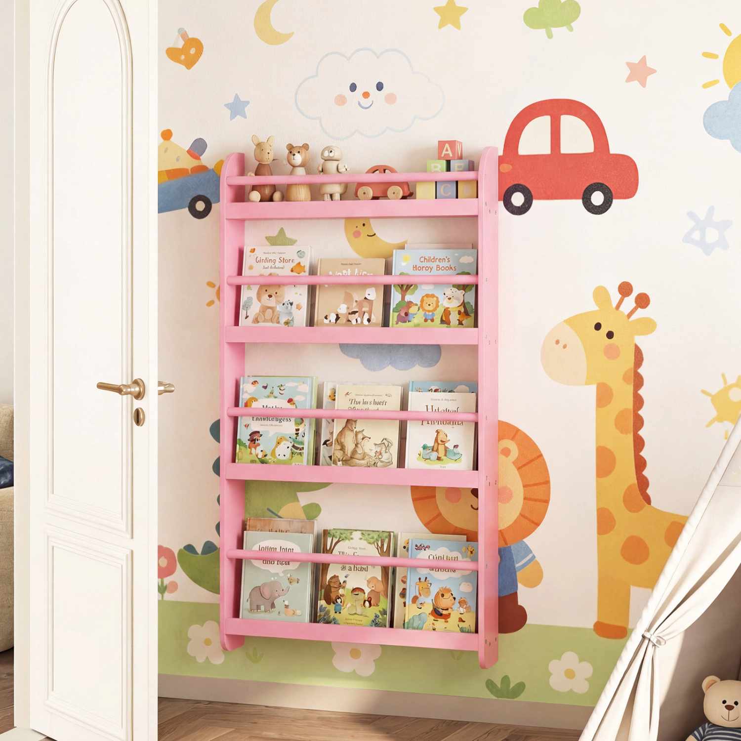LJG 4-Tier Bookshelf Organizer for Toys and Books with Basswood Crossbar