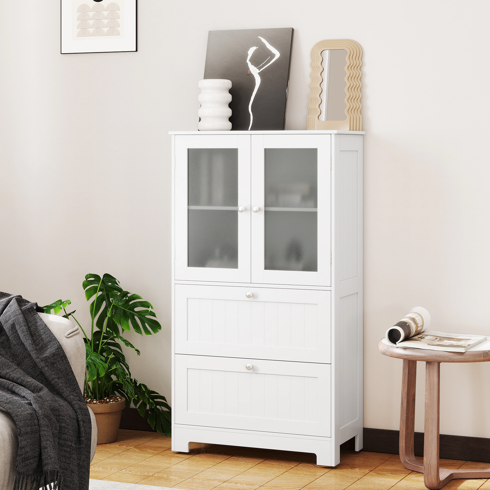 Slickblue White Glass Door Floor Storage Cabinet 2 Drawers Engineered Wood Countertop