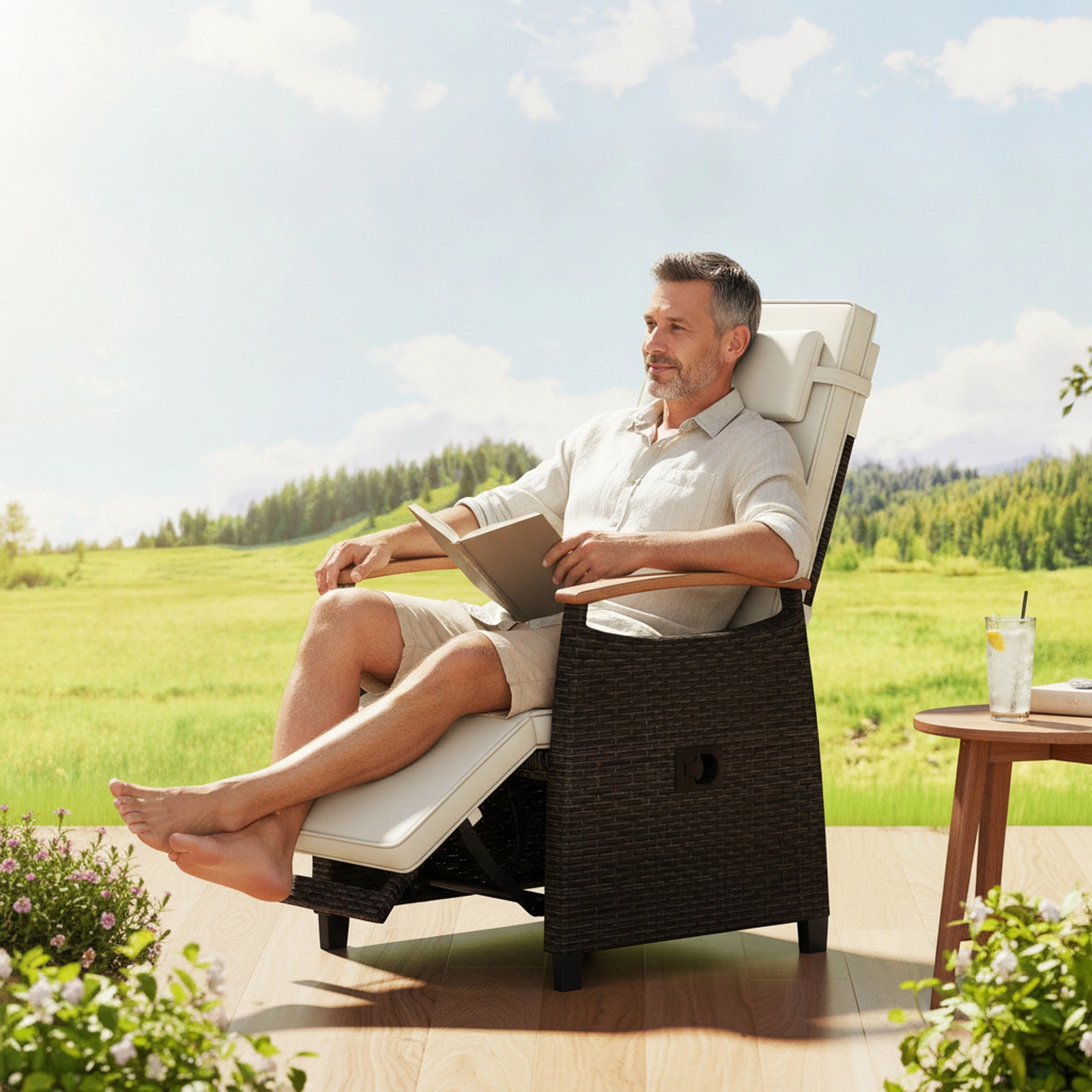 SUGIFT White PE Rattan Outdoor Recliner Chair with 150° Recline and Side Table