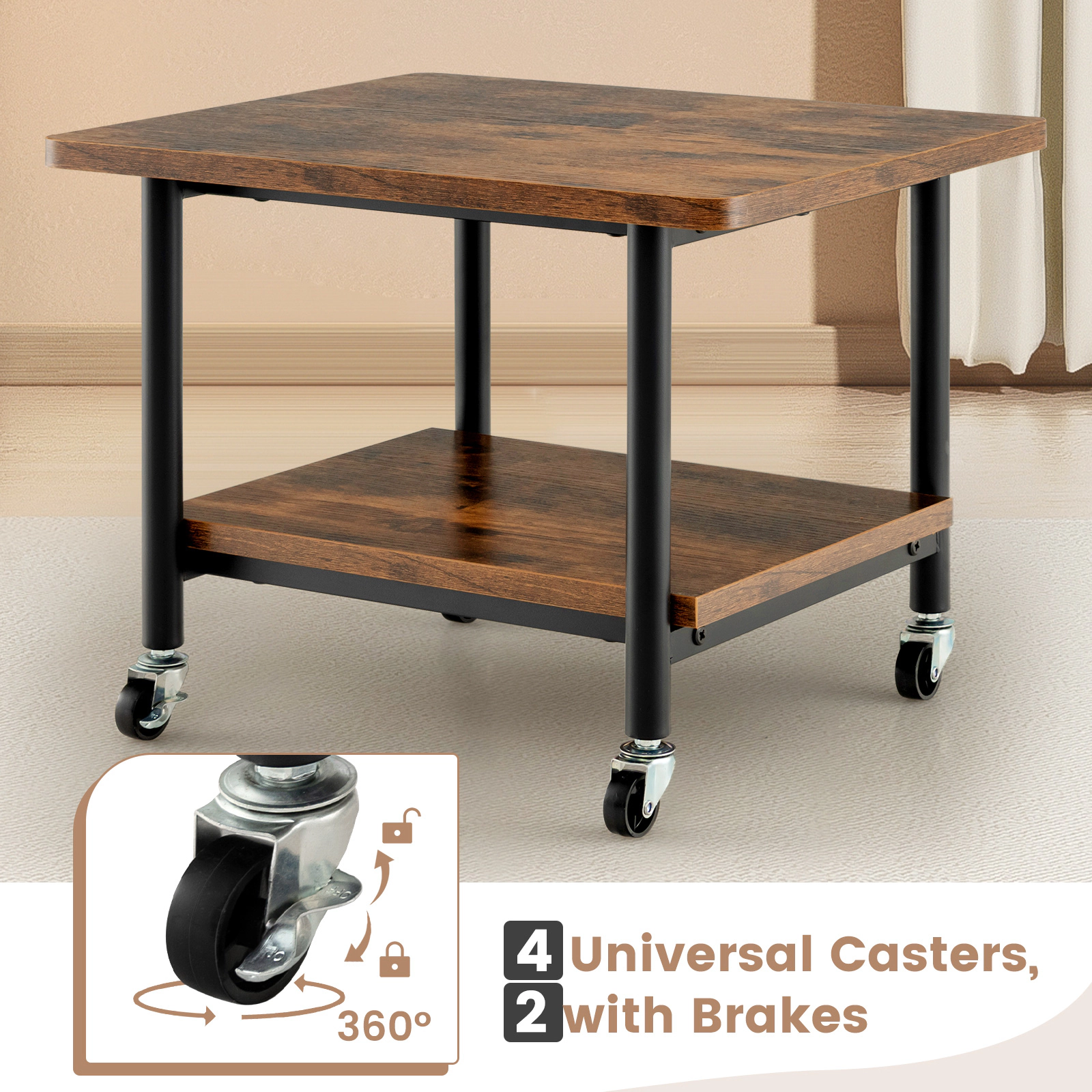 SUGIFT 2-Tier Lockable 360-Degree Casters Metal Frame Under Desk Printer Stand 19.5-in x 16-in x 15-in 143-lb Brown
