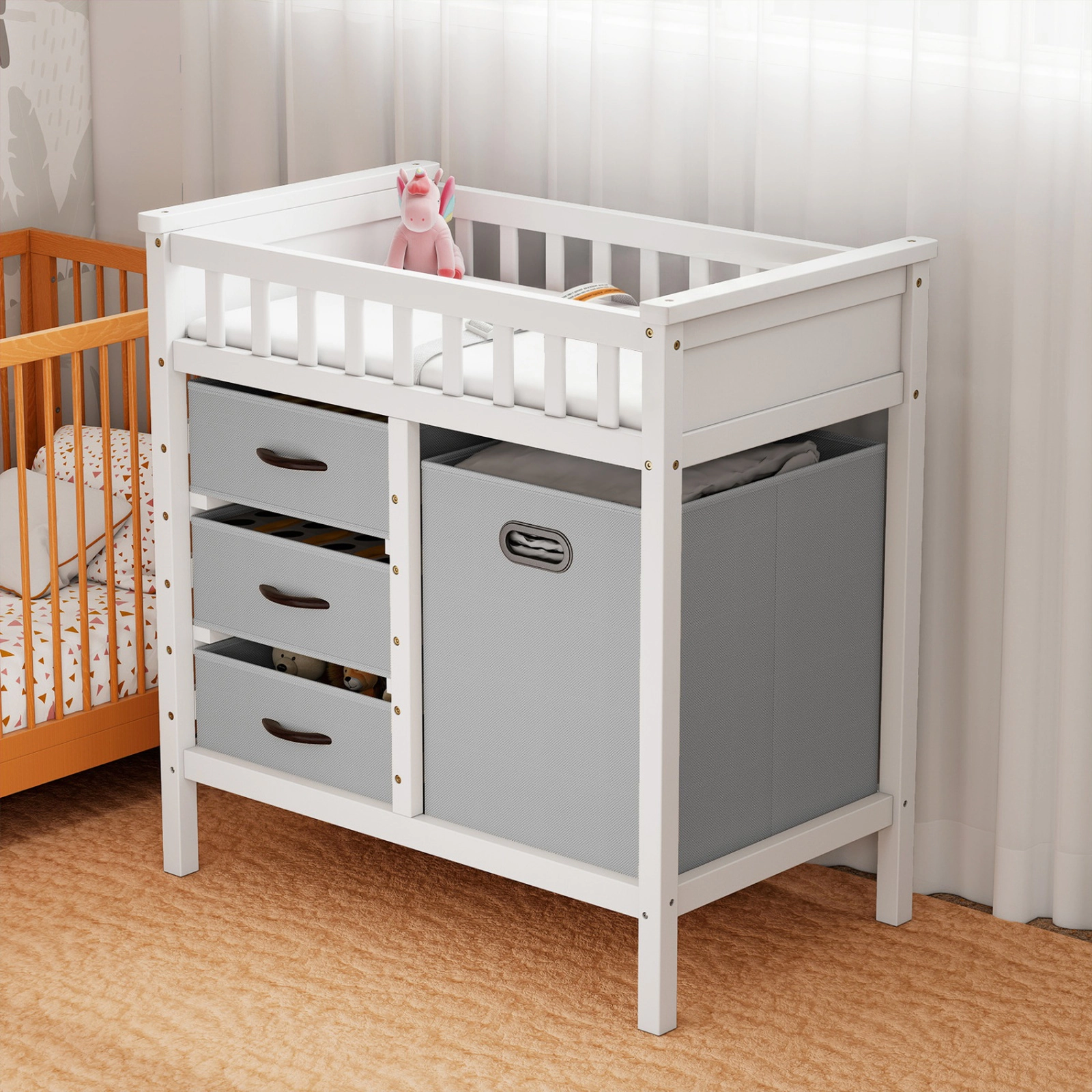 SUGIFT Gray 3 Fabric Drawers and Laundry Hamper Wooden Baby Changing Table