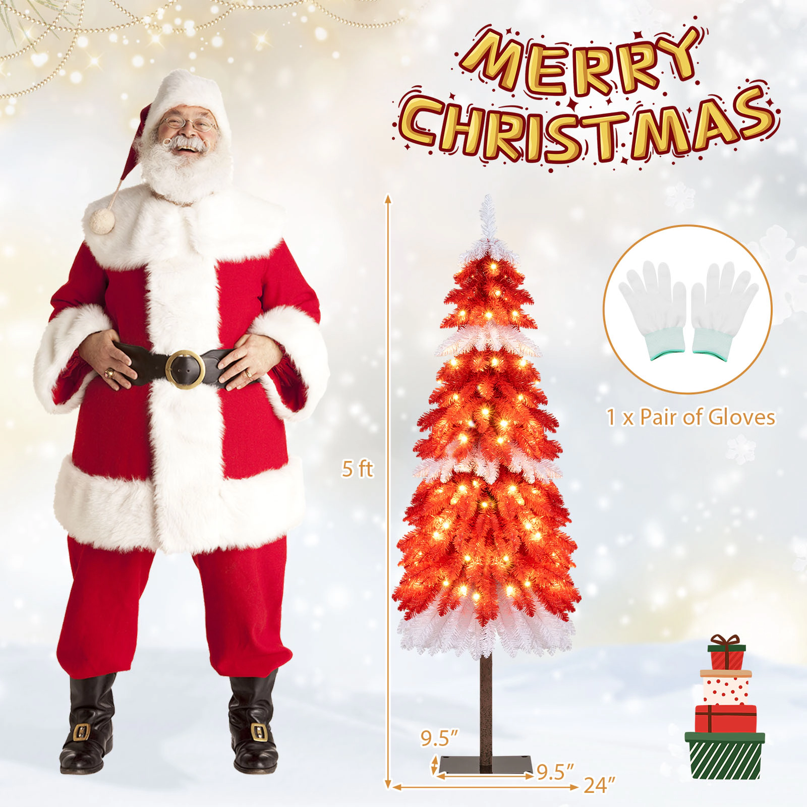 SUGIFT 5-ft Pre-Lit Artificial Christmas Tree with 301 Red and White Tips 100 LEDs and Foot Pedal Switch