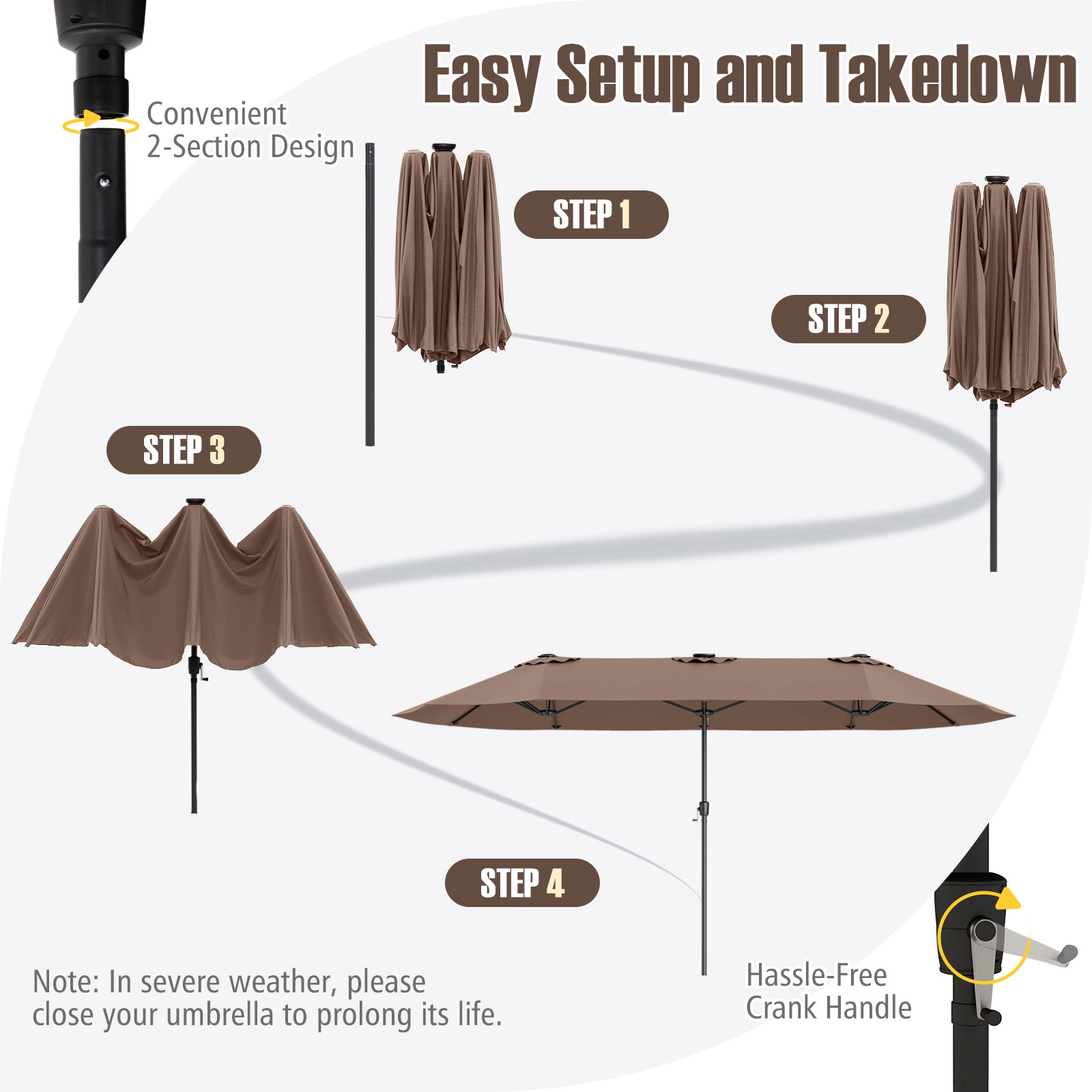 SUGIFT 15.5-ft Double-Sided Patio Umbrella with LED Solar Lights and Crank Handle Brown