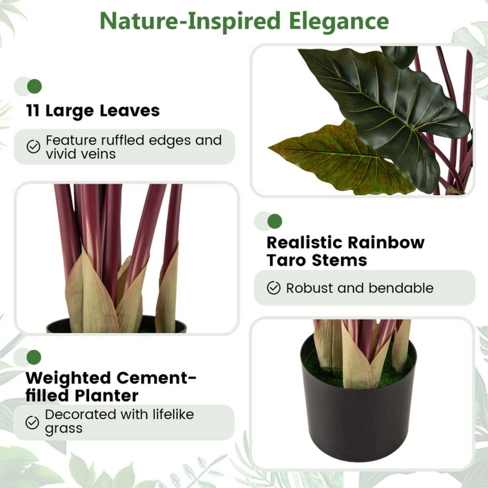 SUGIFT Set of 2 63-in 11 Ruffled Leaves Bendable Metal Stems Artificial Taro Trees 6.5-in x 5.5-in Pot 11-lb Green