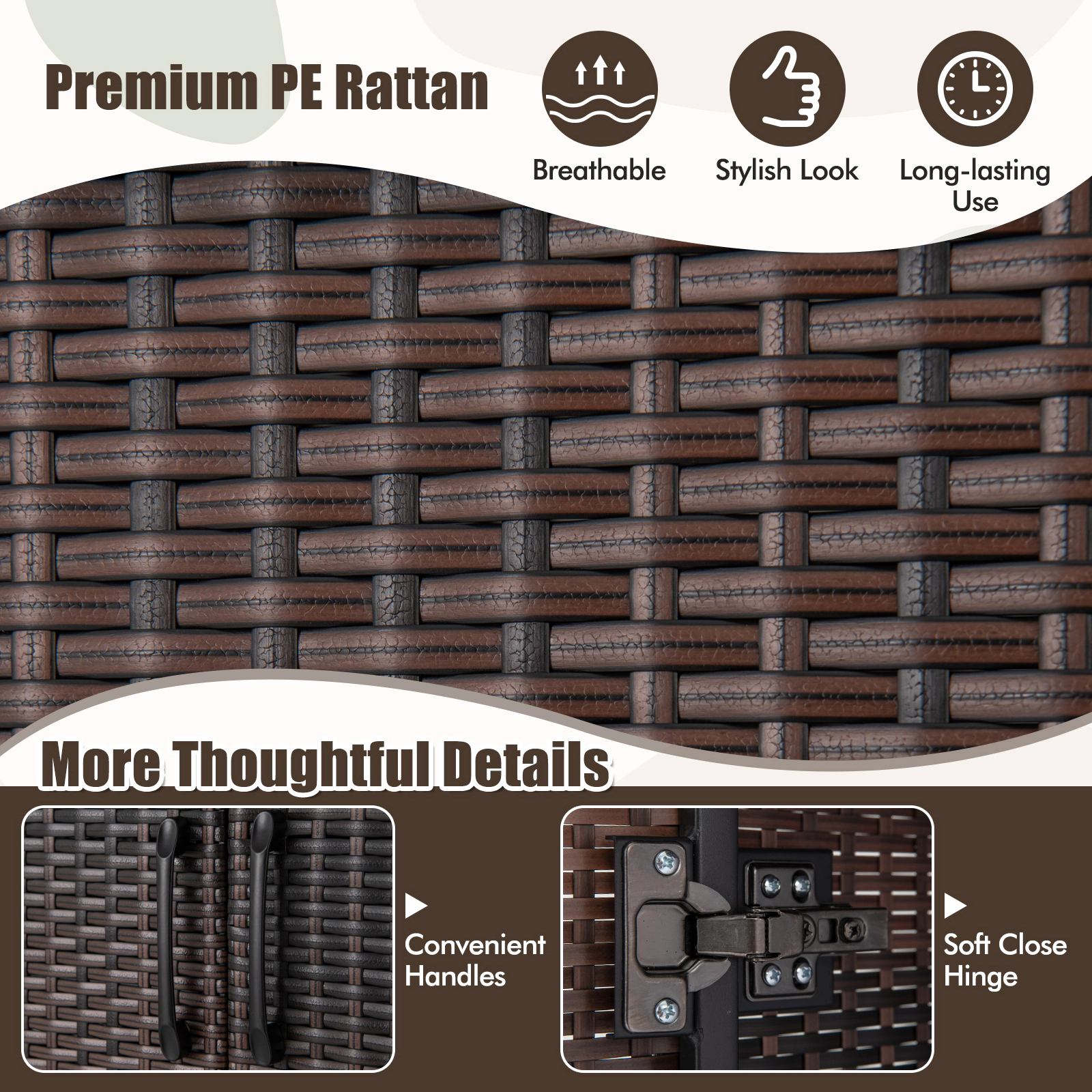 SUGIFT Brown 2 Doors Hanging Rod and 4 Storage Cubes 62-in Wicker Wardrobe
