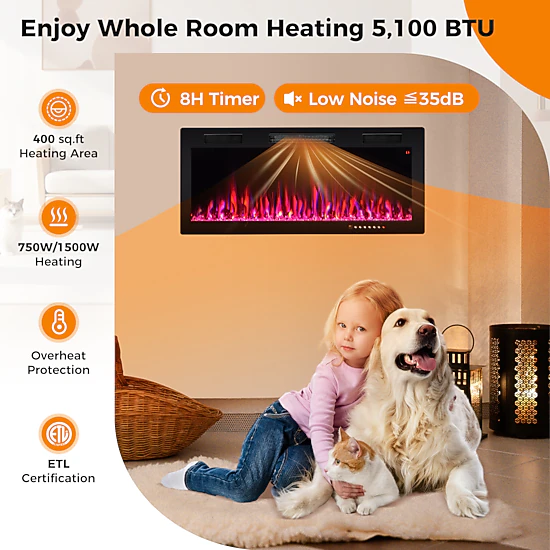 SUGIFT 40-Inch 5100 BTU Recessed or Wall-Mounted Electric Fireplace, 12 Flame and Ember Bed Colors