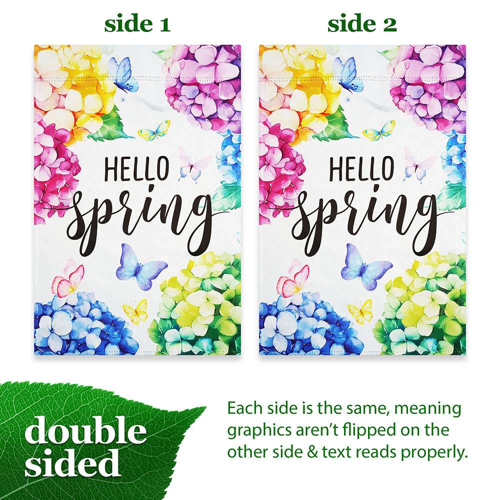 G128 Hello Spring Hydrangea Butterfly Garden Flag 12x18 Double-Sided Polyester
