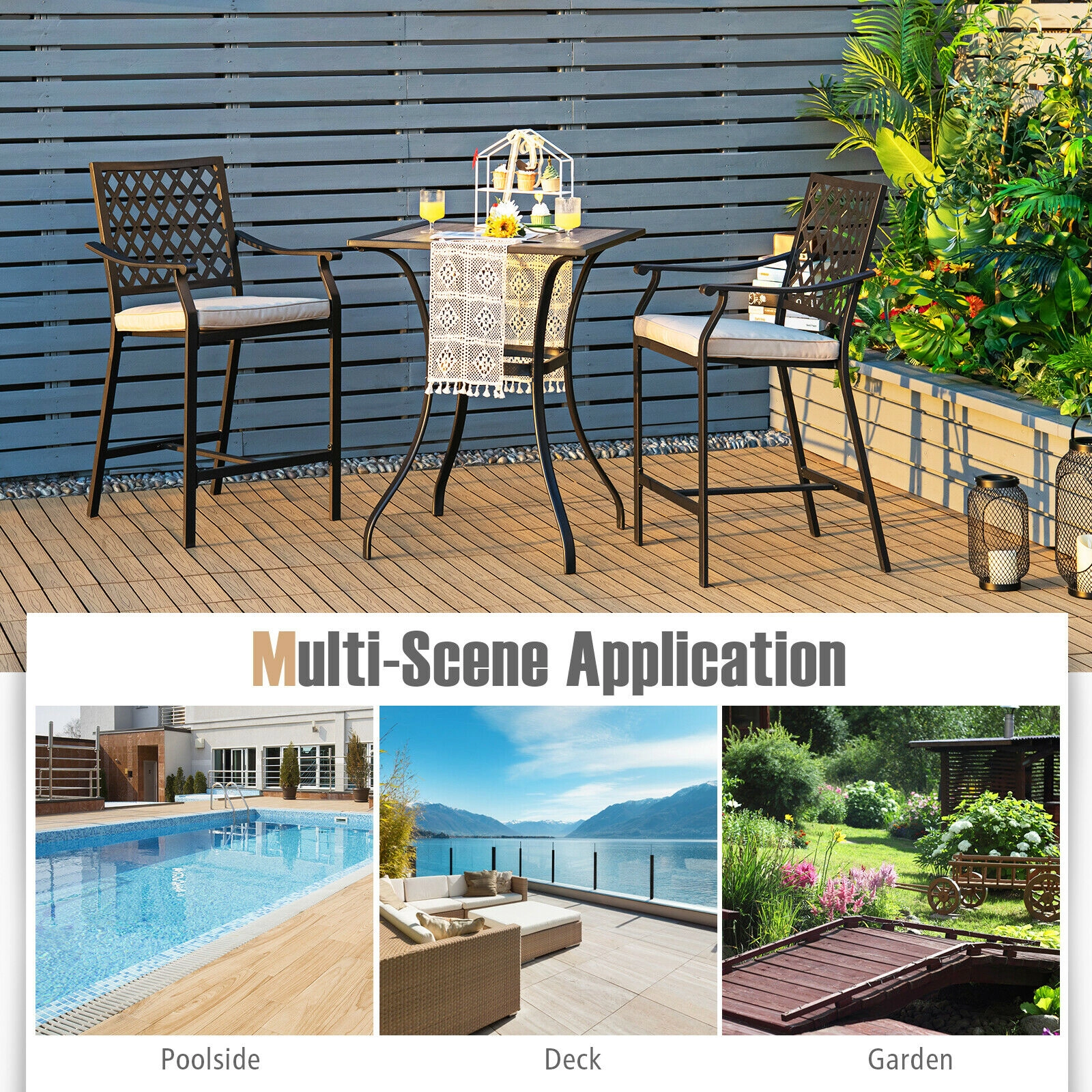 SUGIFT 2-Piece Outdoor Patio Bar Stool Set with Cushions and Armrests 330-lb Capacity 43-in Height Black Beige