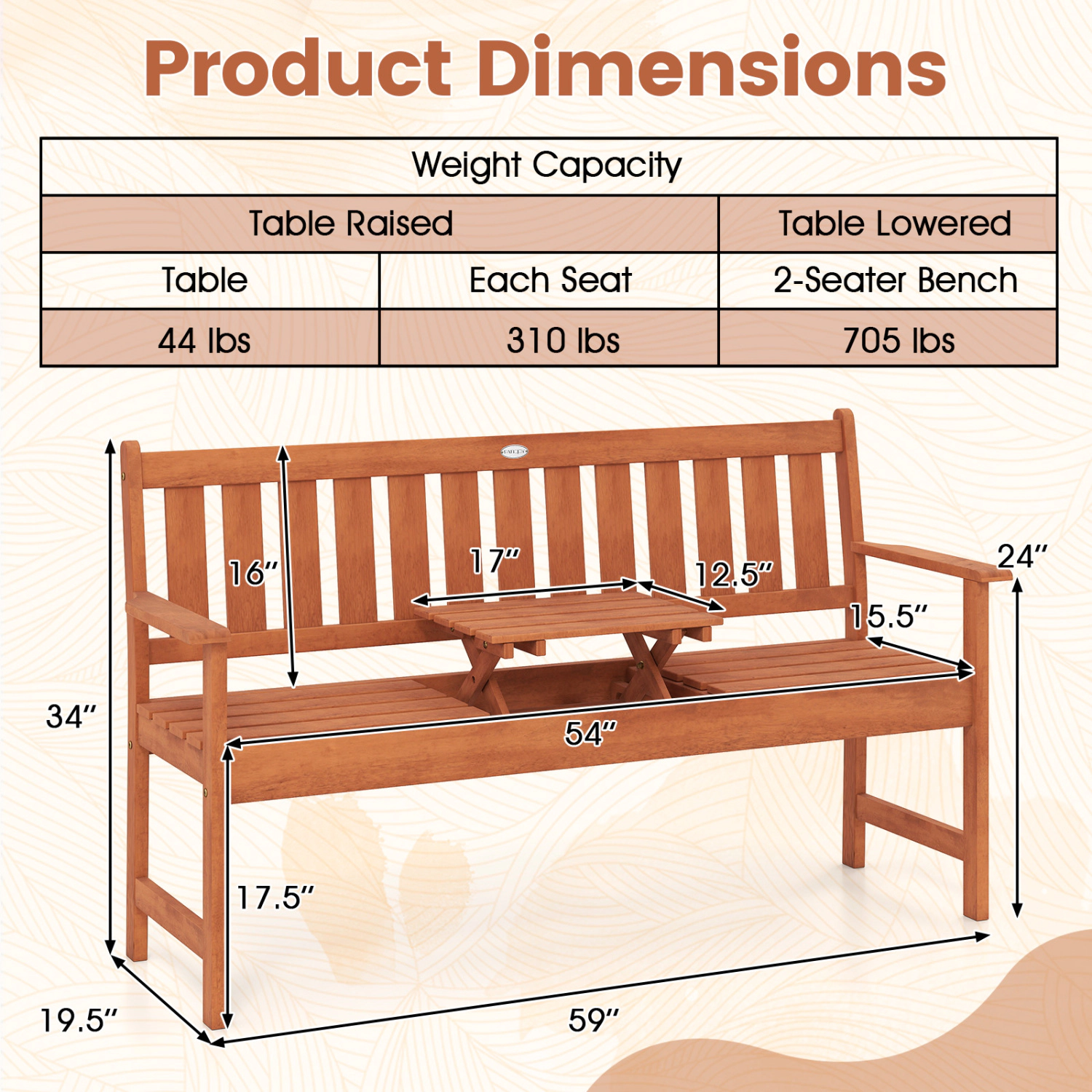 LJG 59" Outdoor Wood Garden Bench with Pull-Out Center Table