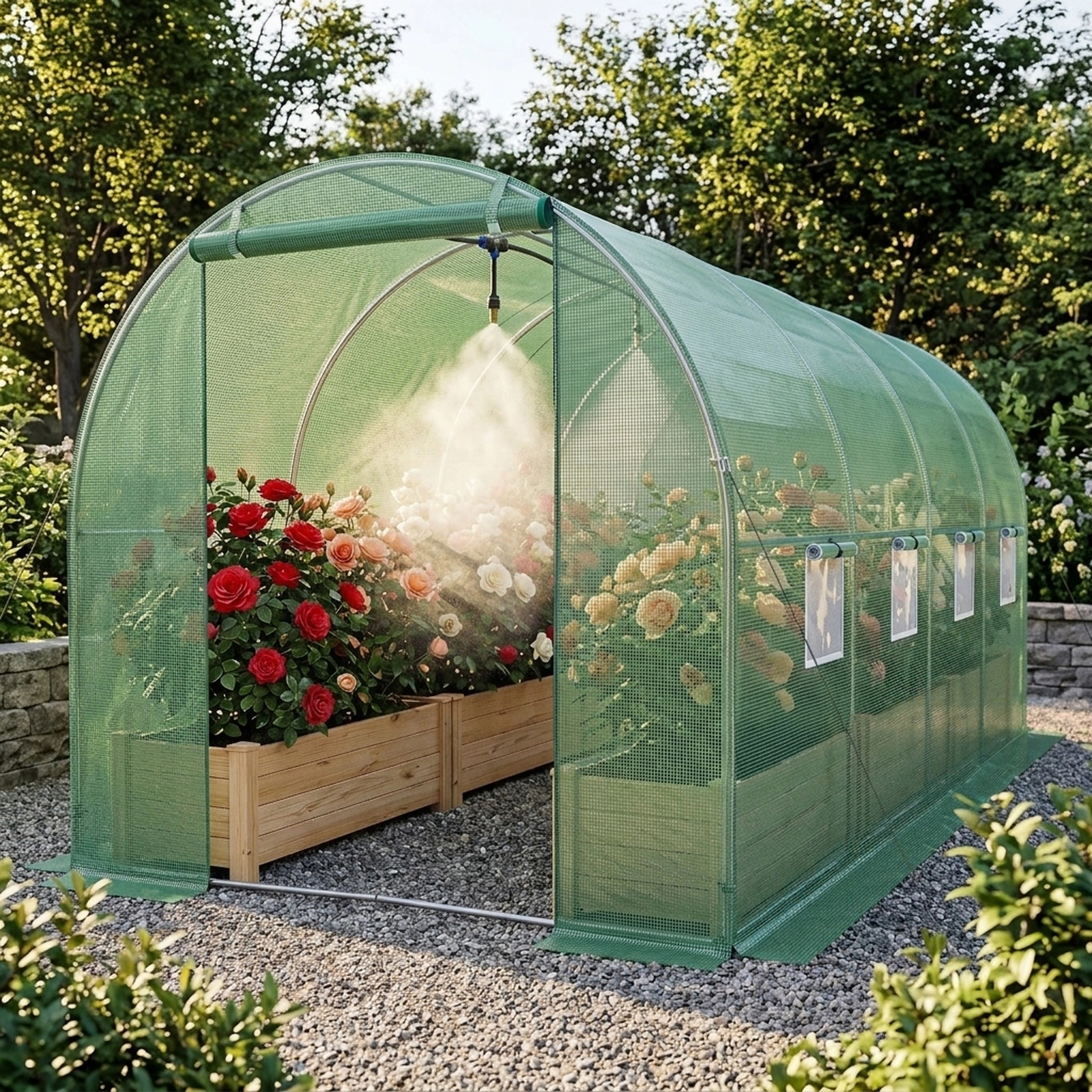 SUGIFT Walk-in Tunnel Greenhouse Green 15 x 7 x 7 ft with Watering System and 8 Mesh Windows