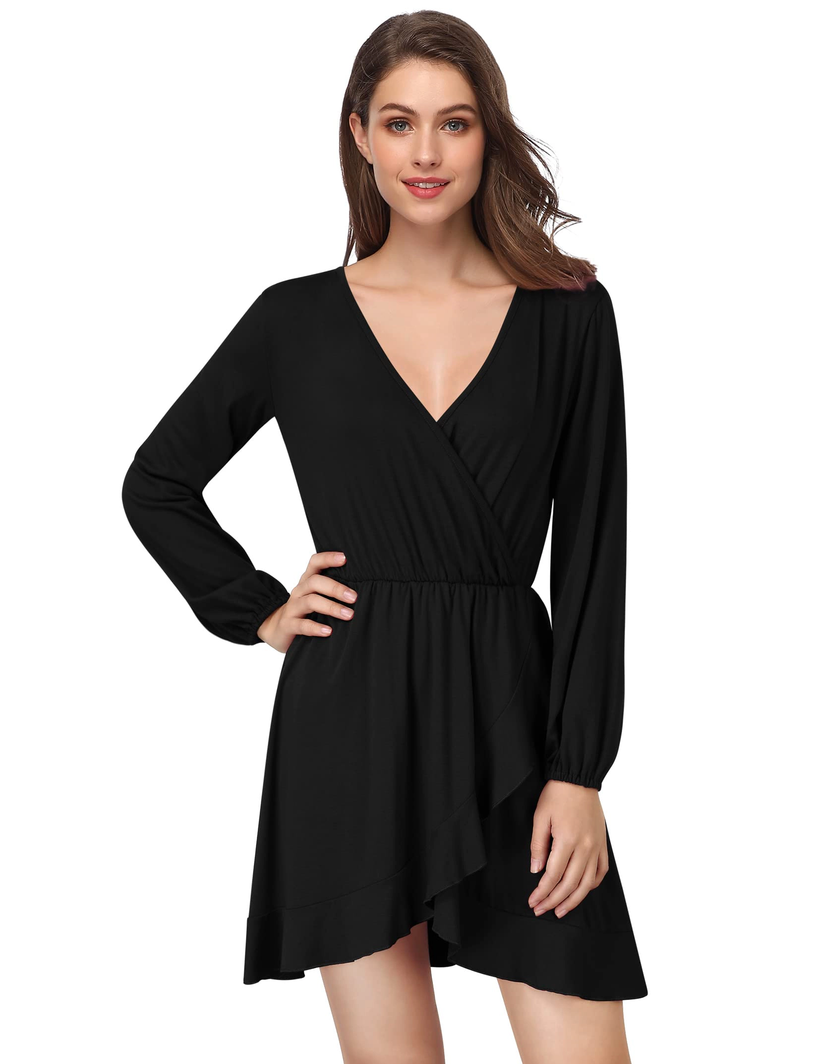 KOJOOIN Women's V-Neck A-line Lightweight Long Sleeve Casual Fall Dress Outfits