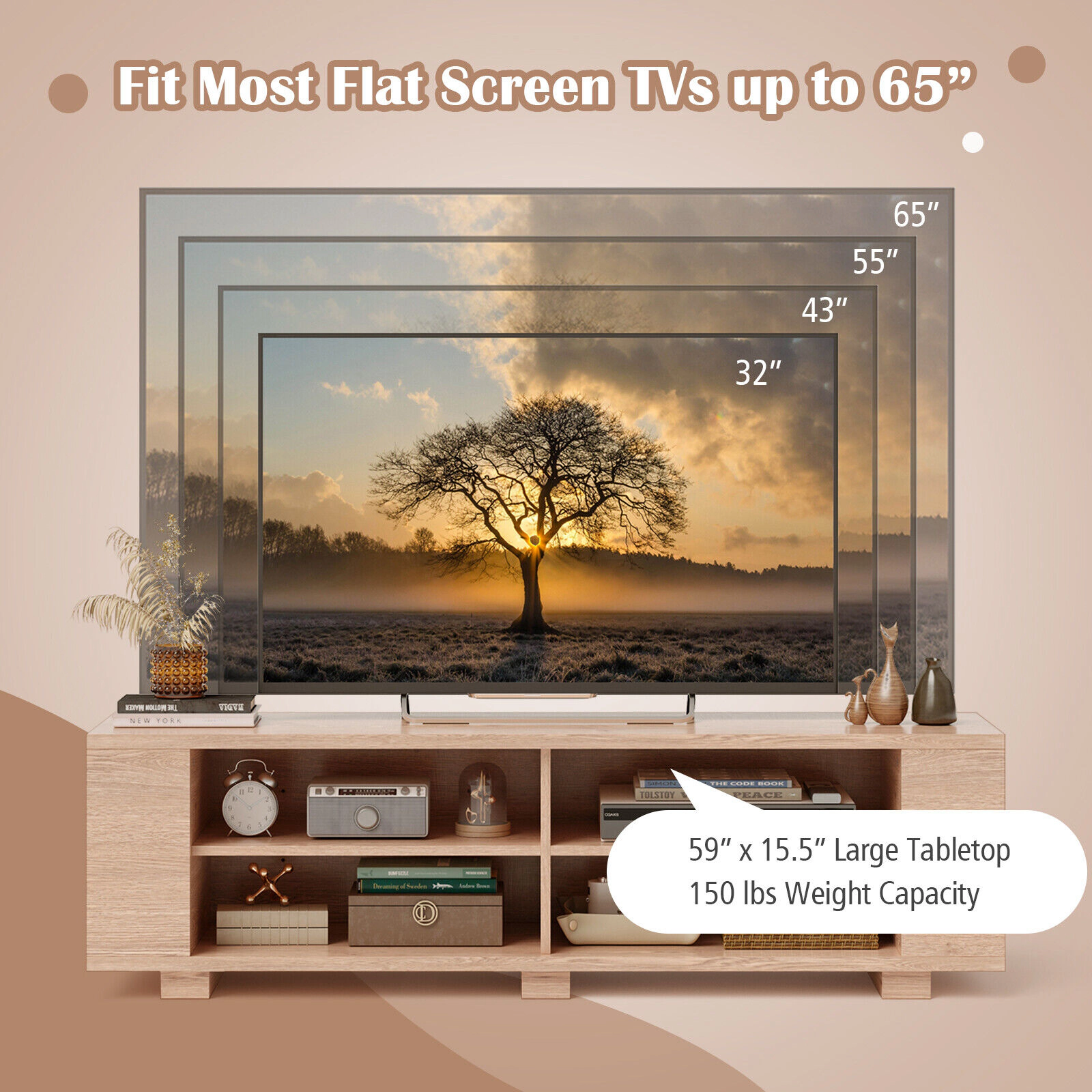 SUGIFT 59 in TV Stand Natural Wood Storage Console Entertainment Center for 65 in TVs