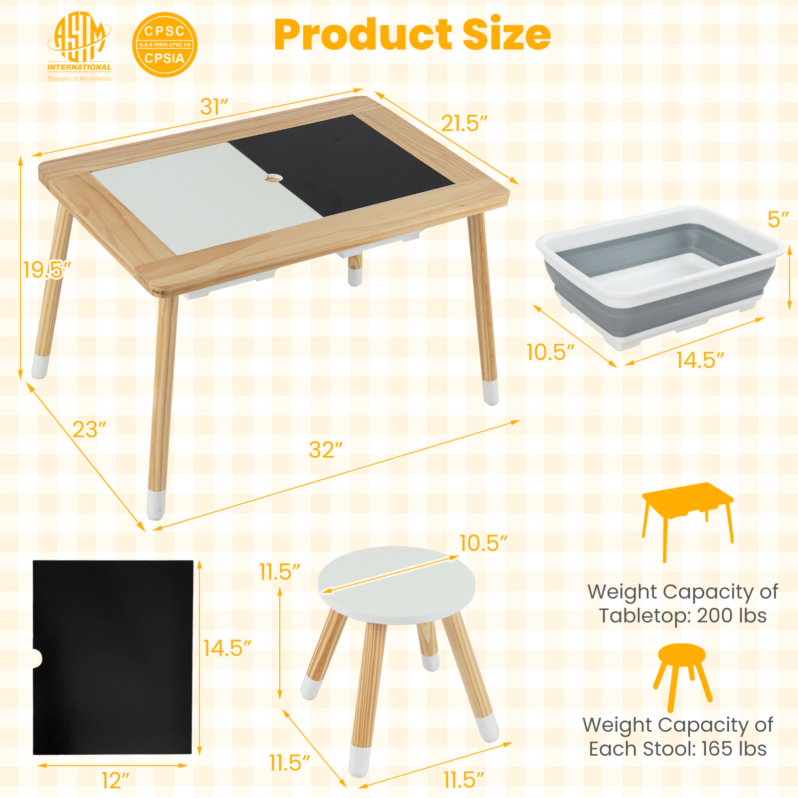SUGIFT Natural Pine Kids Activity Table Set with Reversible Chalkboard and Whiteboard Top, 2 Stools