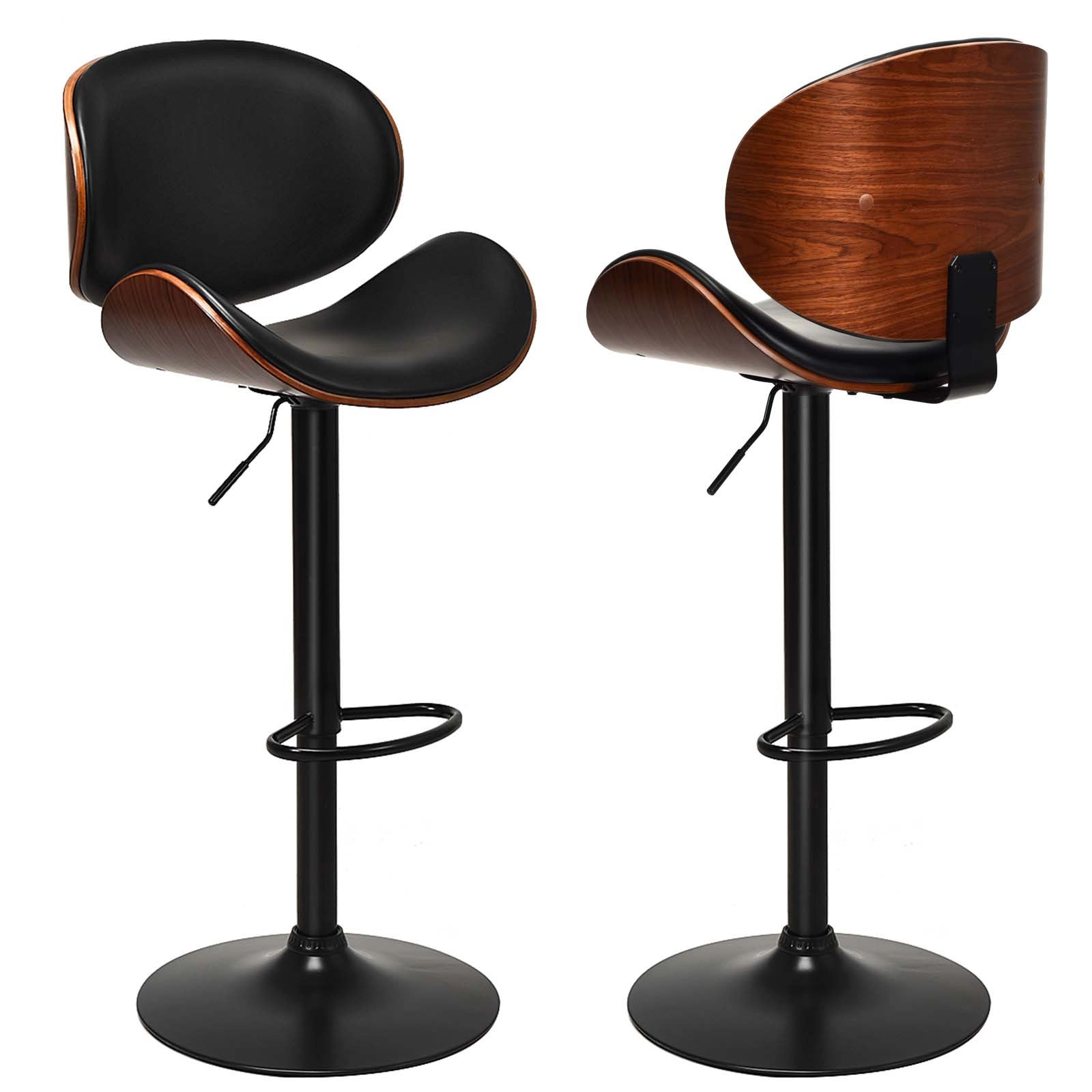 LJG Set of 2 Adjustable Swivel PU Leather Bar Stools with Curved Footrest