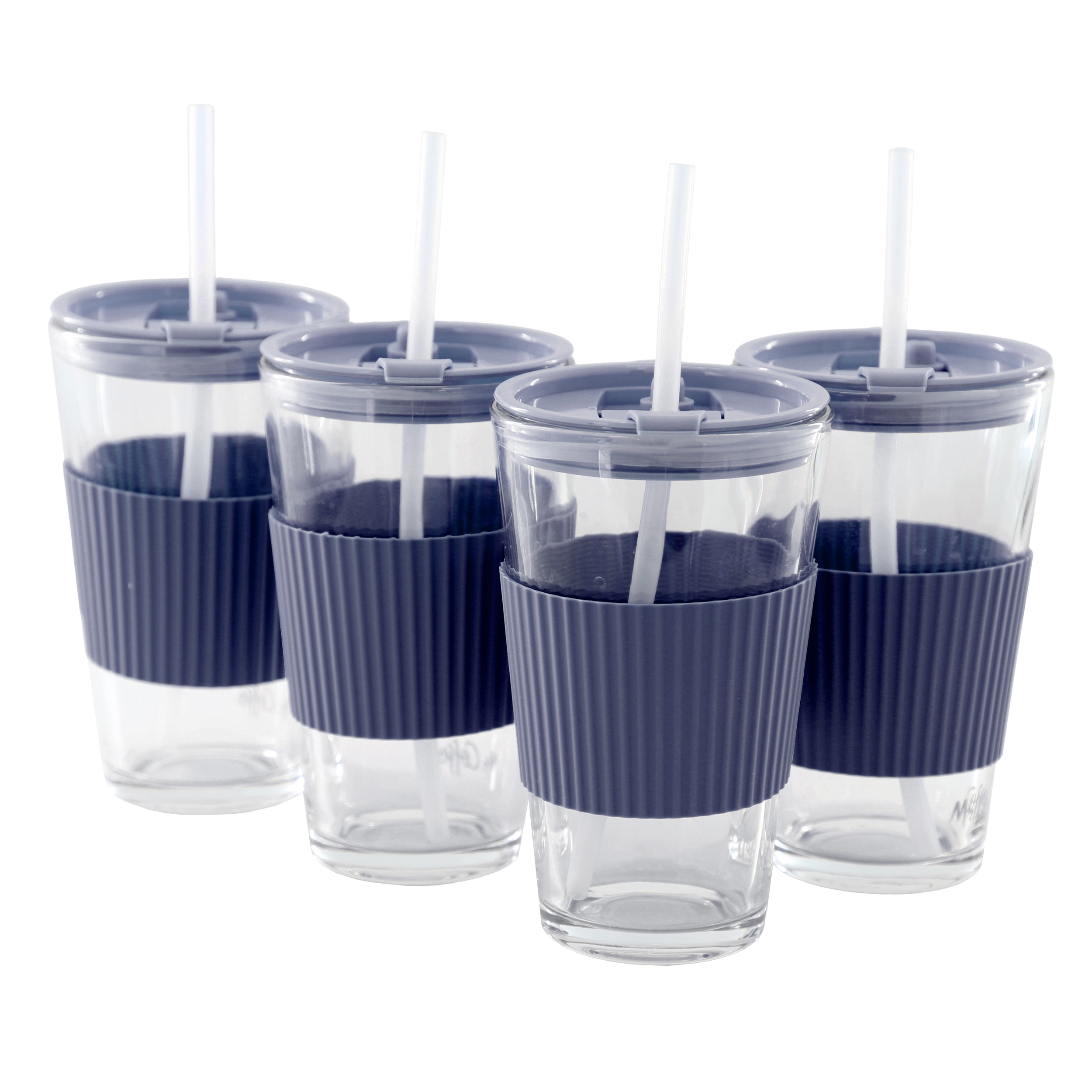 Mr. Coffee Sip Savvy 4 Piece 15 Ounce Silicone Sleeve Glass Cup Set w/ Lid and Straw Navy