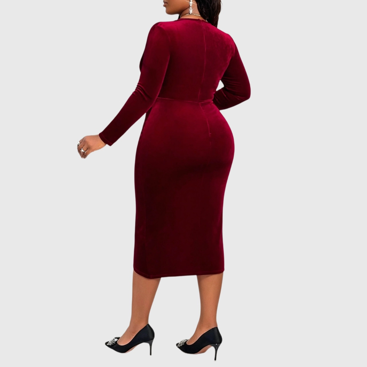 YesFashion Womens Plus Size Velvet Dresses Casual V Neck Long Sleeve Ruched Bodycon Cocktail Party Dress