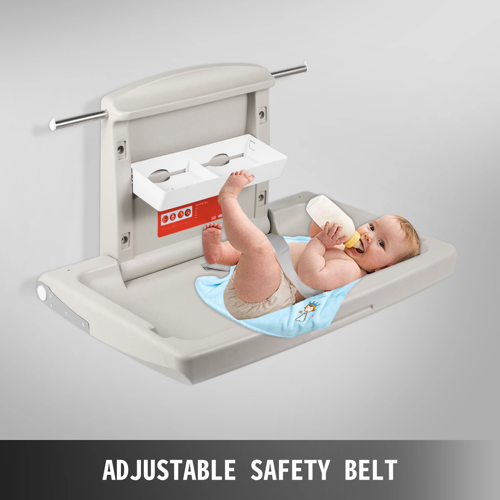 HONGGE Wall-Mounted Baby Changing Station with Safety Strap & Hanging Rods, Foldable HDPE Design, Gray