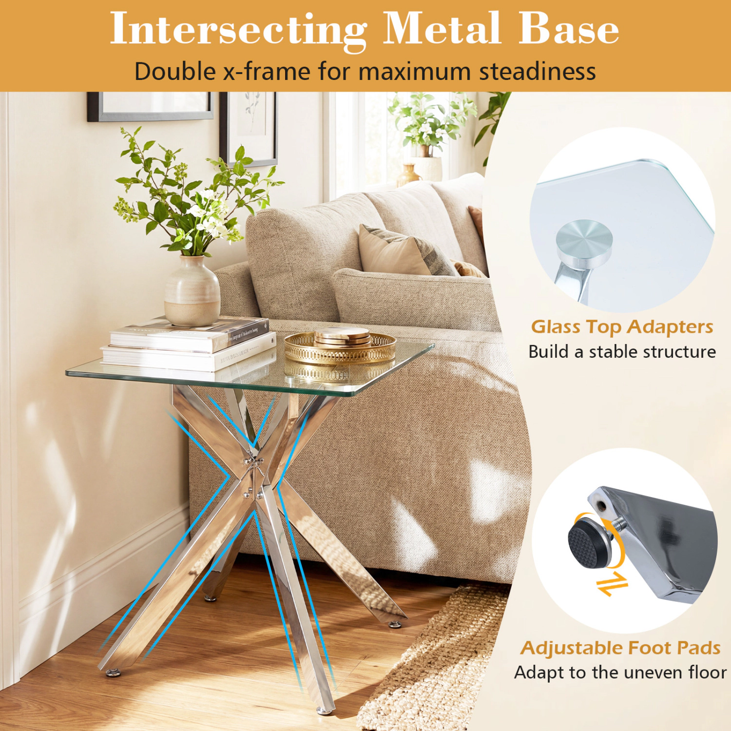 Glintex Square Tempered Glass End Table with Double X-Frame Metal Base, Silver