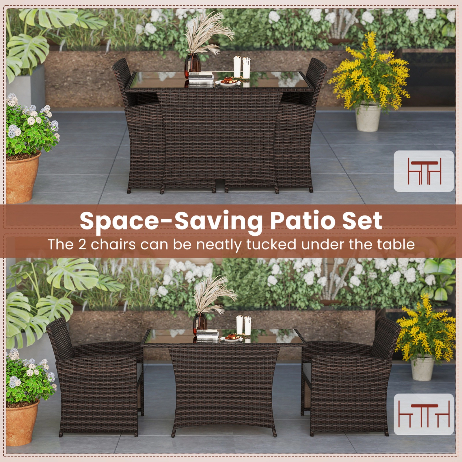 SUGIFT 3-Piece Gray Wicker Patio Dining Set, 44-In Tempered Glass Table and 2 Cushioned Chairs