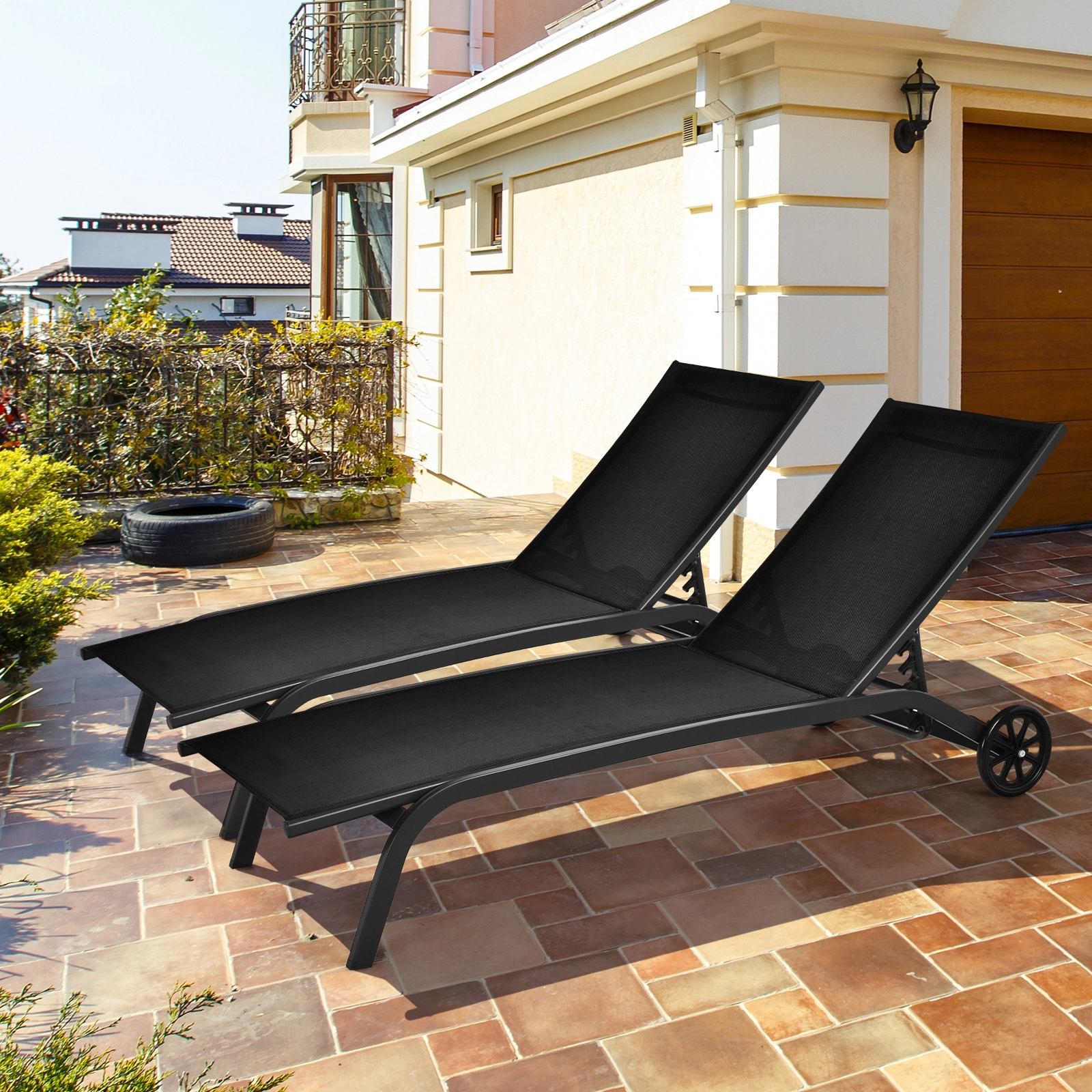 LJG 6-Position Adjustable Outdoor Chaise Recliner with Wheels
