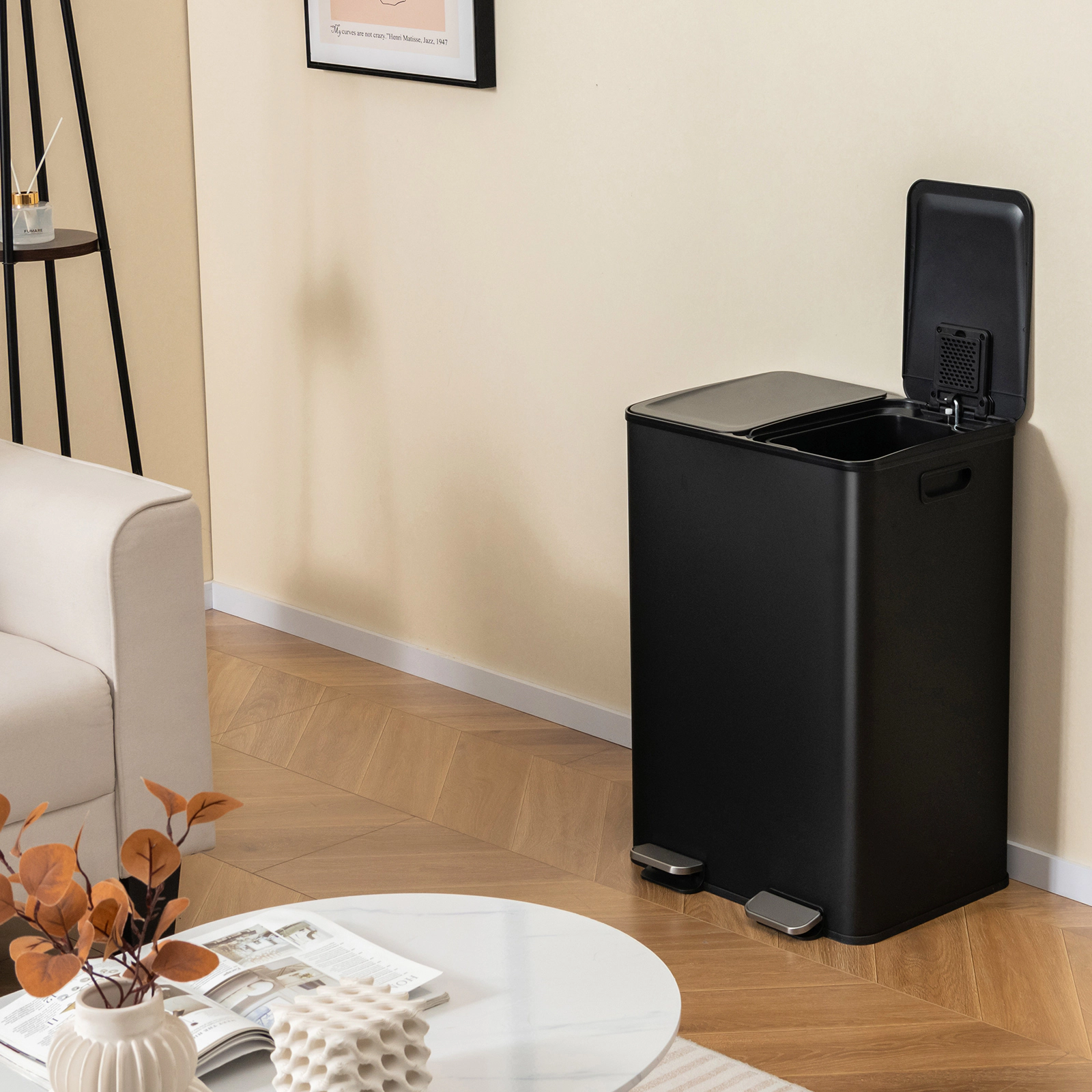 SUGIFT 2 x 8-Gal Black Dual Compartment Stainless Steel Step Trash Can with Deodorizer Compartments