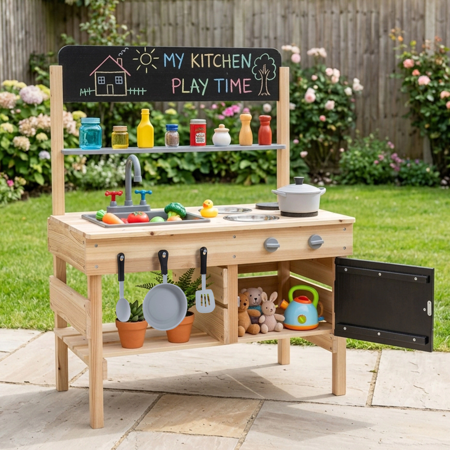 LJG Outdoor Wooden Mud Kitchen for Kids with Sink and Stoves