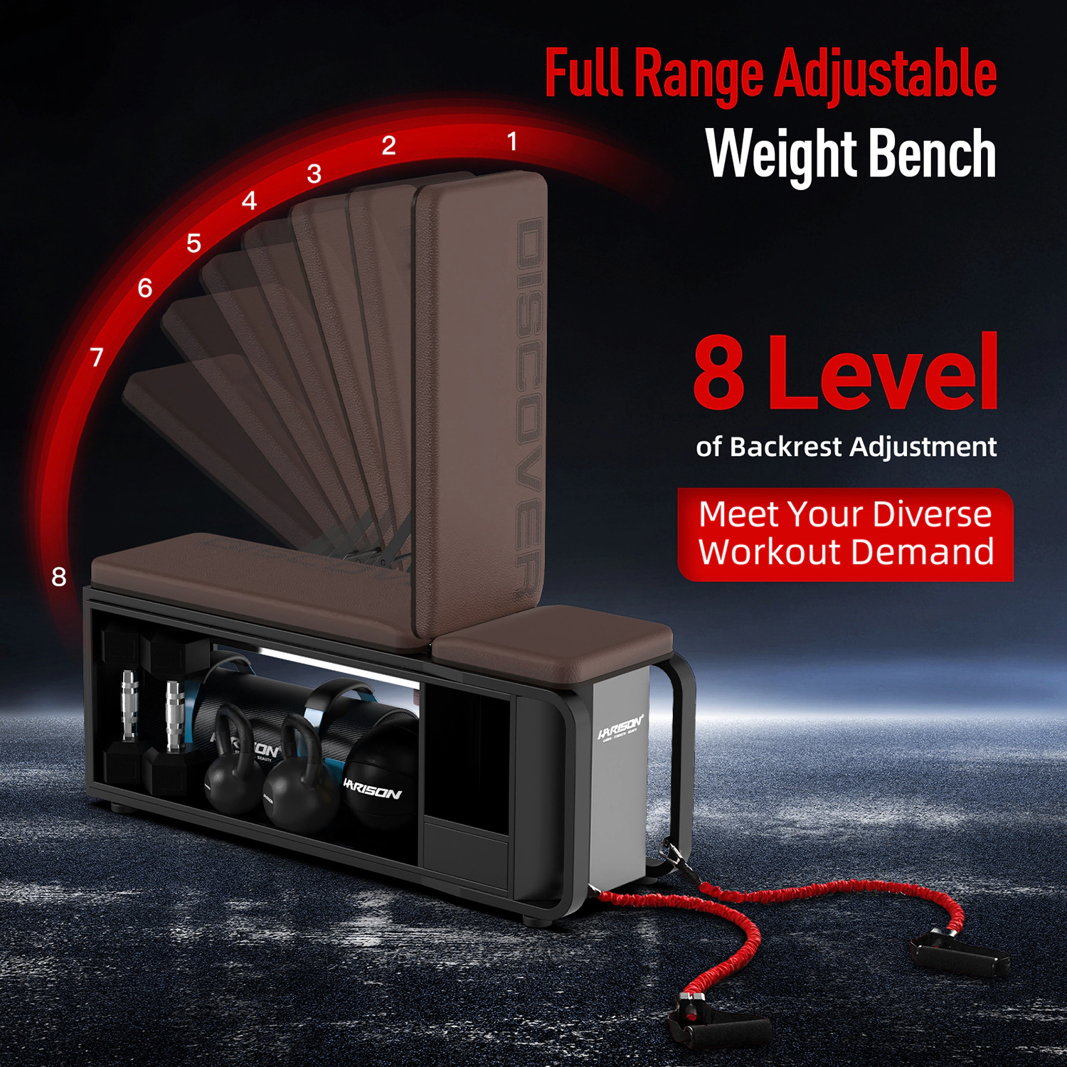 HARISON Adjustable Weight Bench for Home Gym with Dumbbell Storage Rack, Heavy-Duty Steel Frame & Mobile Design