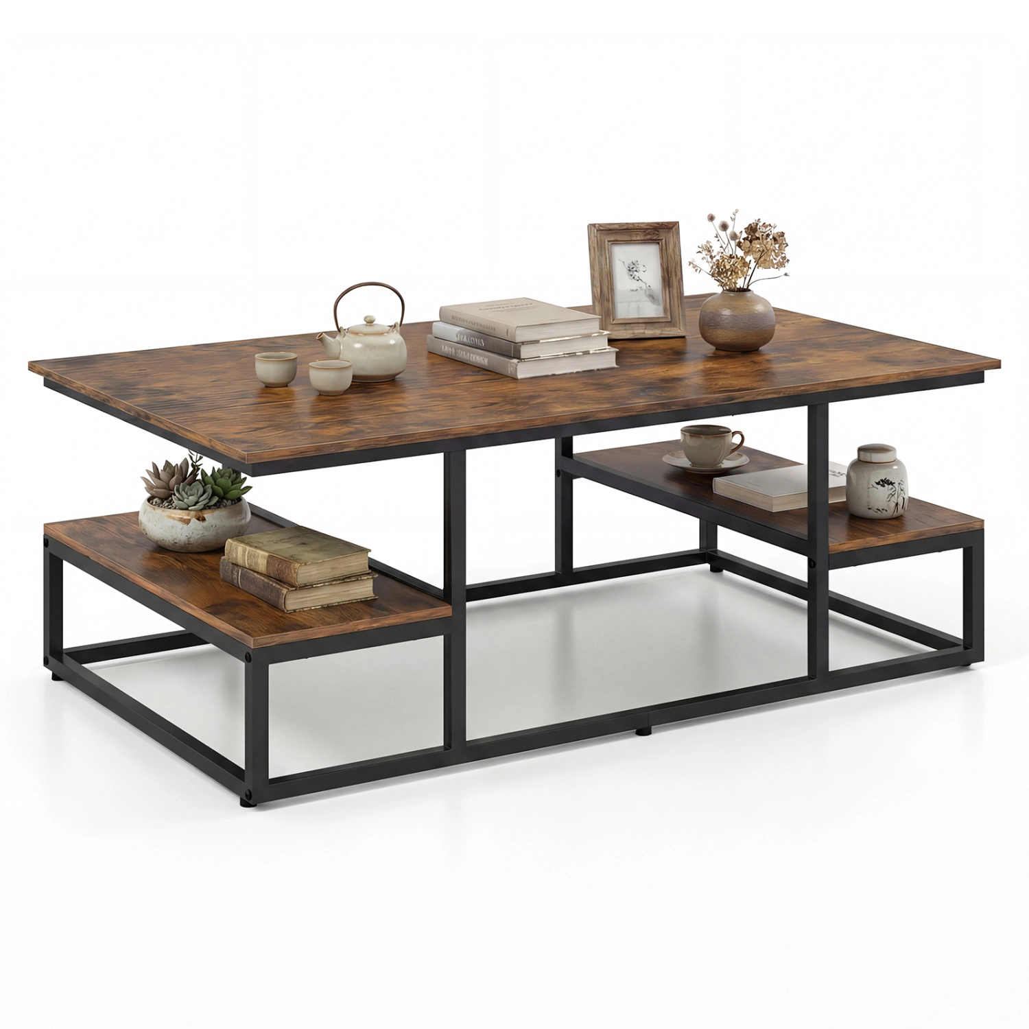 Glintex 43-Inch Rectangular Coffee Table with 2 Open Storage Shelves, Rustic Brown & Black