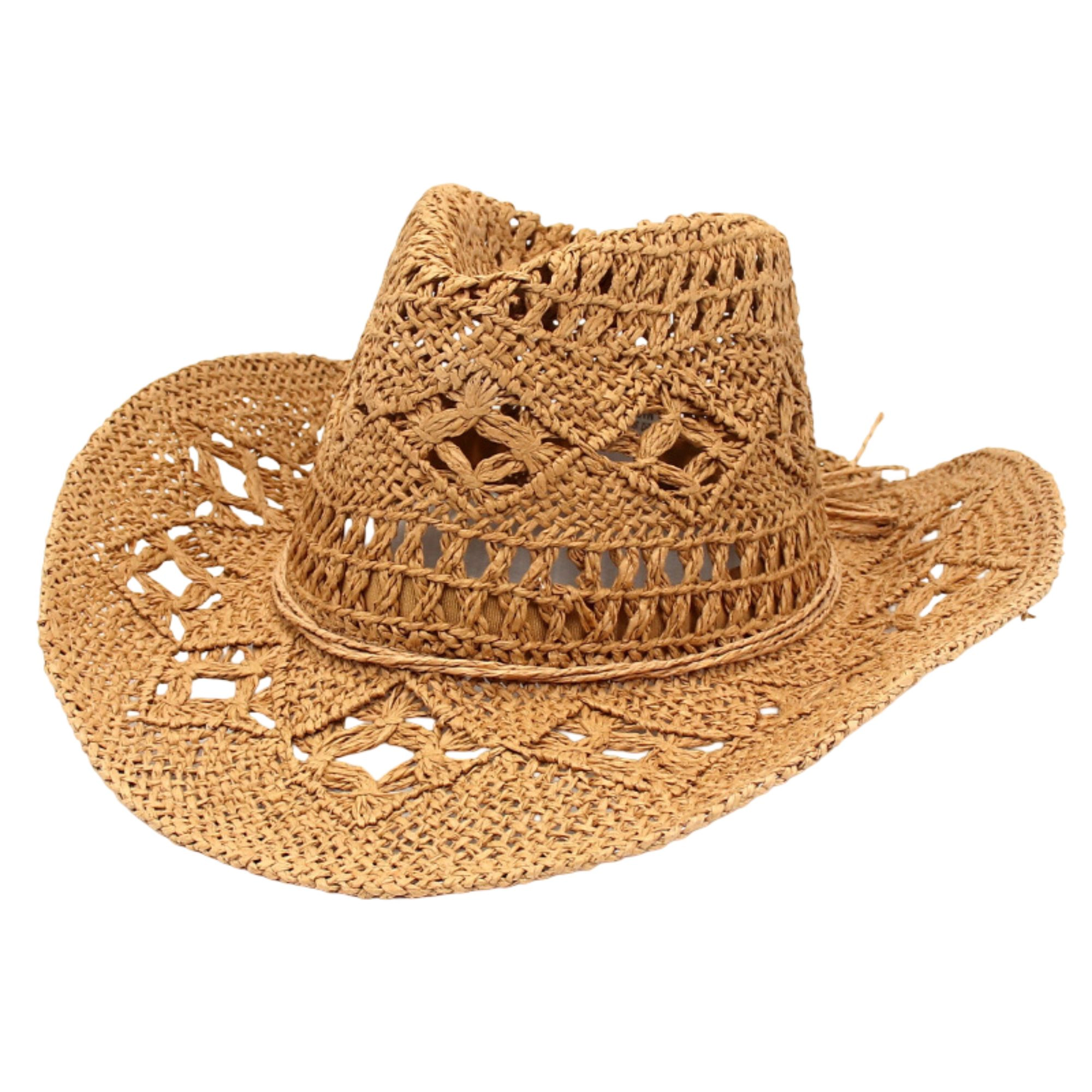 Anna-Kaci Women's Open Weave Western Sun Hat with Wide Brim and Boho Floral Pattern
