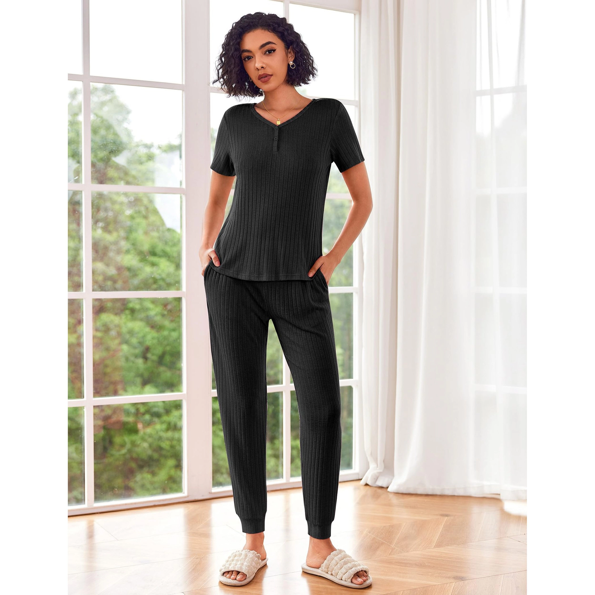 Ekouaer Pajama Sets for Womens Rib Knit Lounge Set Jogger Pants Short Sleeve Sleepwear 2 Piece