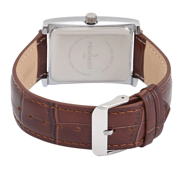 Peugeot Men's 30X40mm Silver Tank Shape Watch with Textured Dial Brown Leather Strap