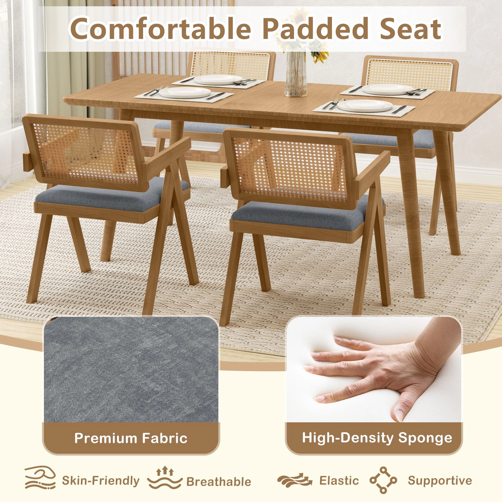 SlickBlue Set of 2 Natural Rattan Accent Chair with Padded Seat & Wood Frame