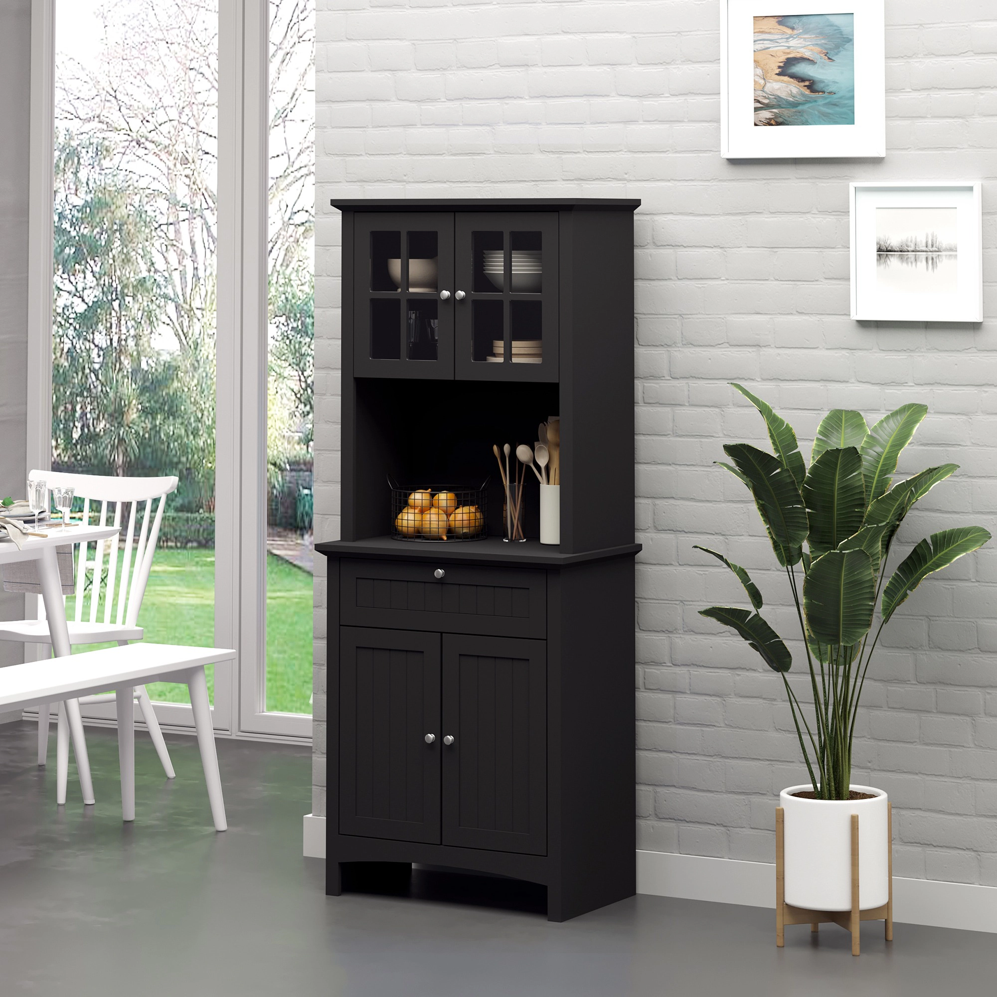 HONGGE Elegant Buffet with Hutch Kitchen Pantry Storage Cabinet Framed Glass Door Drawer and Microwave Space