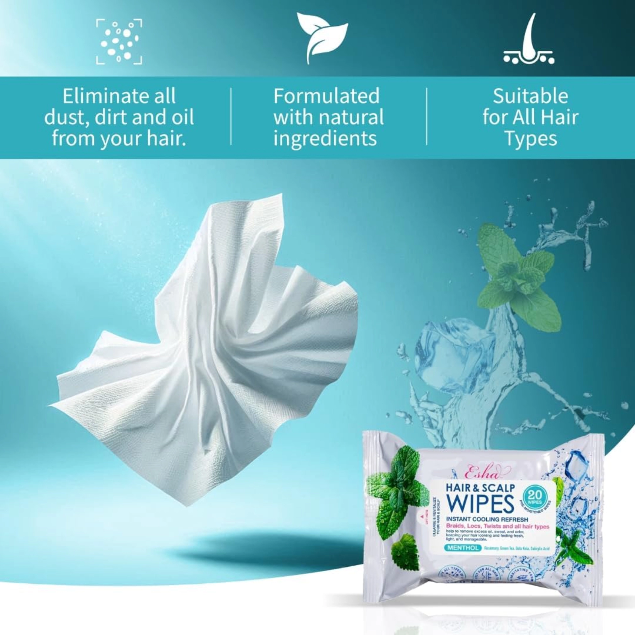 Esha Unisex Menthol-Infused Cooling Cleansing Wipes Hair & Scalp Wipes