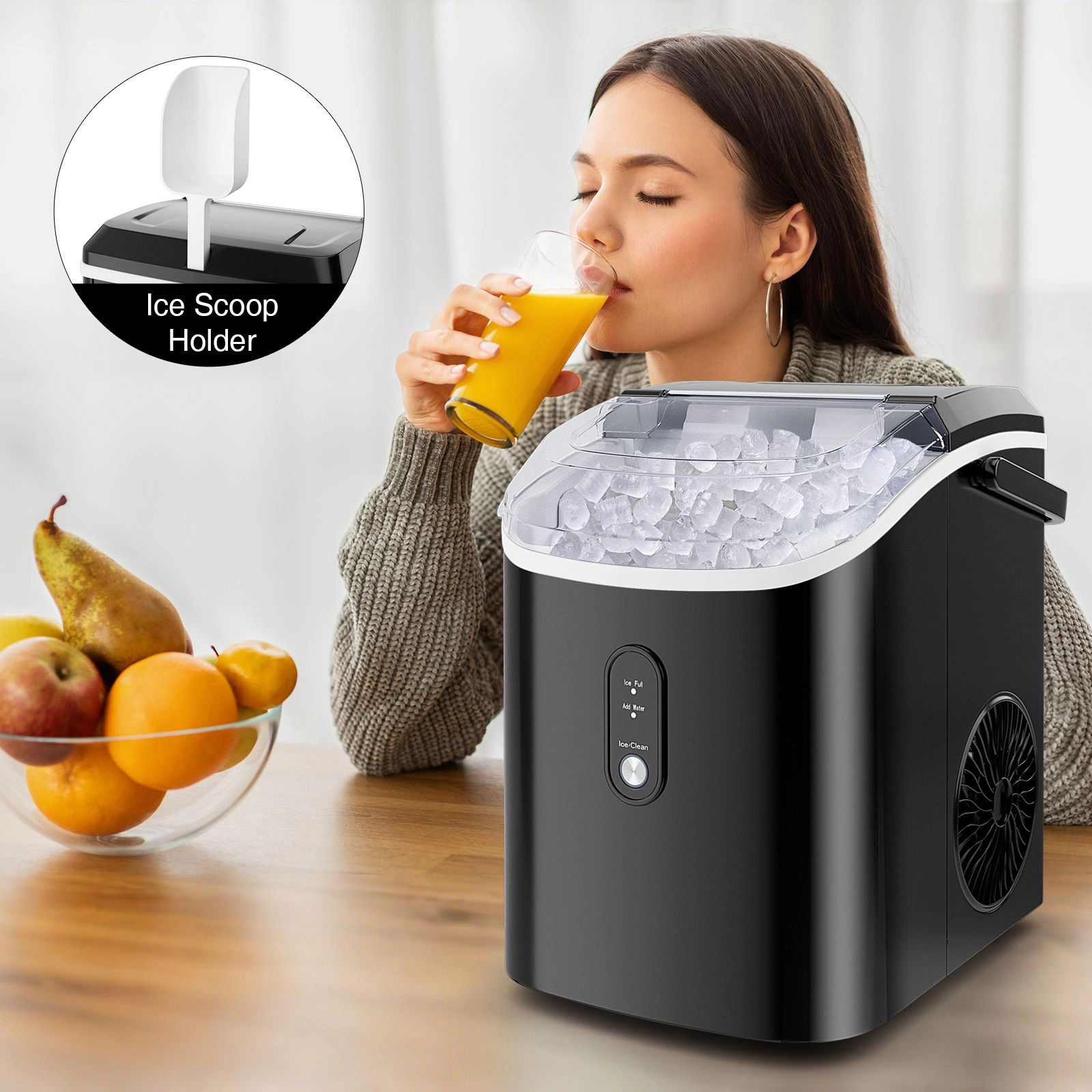 SlickBlue Black Silver Stainless Steel Nugget Ice Maker, 34 Lbs Daily