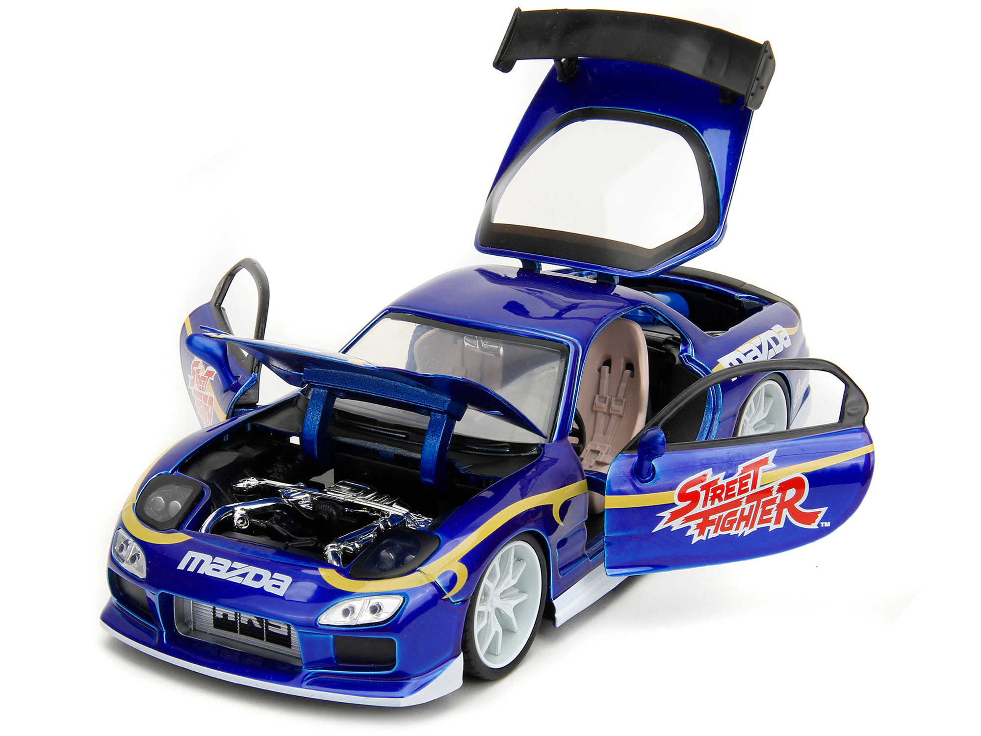 Jada 1993 Mazda RX-7 Candy Blue Metallic with Graphics and Chun-Li Diecast Figure "Street Fighter" Video Game