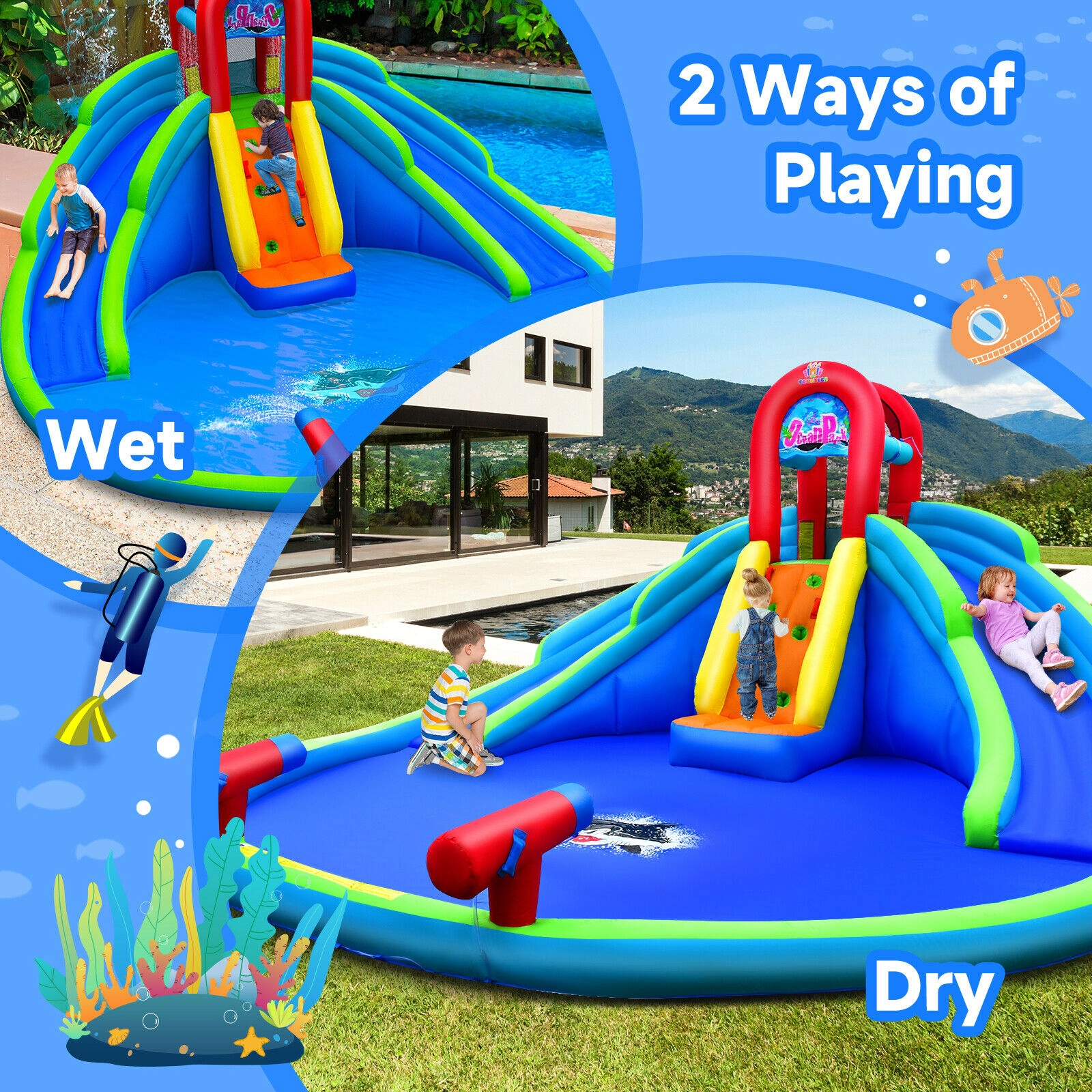 SUGIFT 216-in 300-lb Capacity Inflatable Water Slide Bounce House with 2 Slides Climbing Wall and Splash Pool