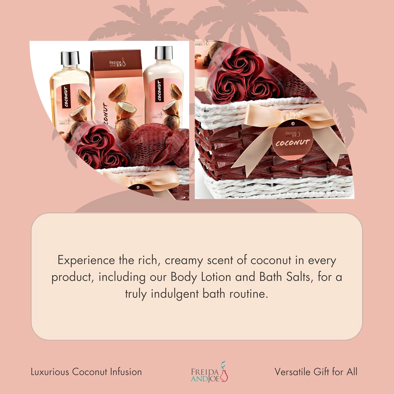 Freida and Joe Women 6-piece Coconut Bath & Body Set Wicker Basket Valentine's Gift