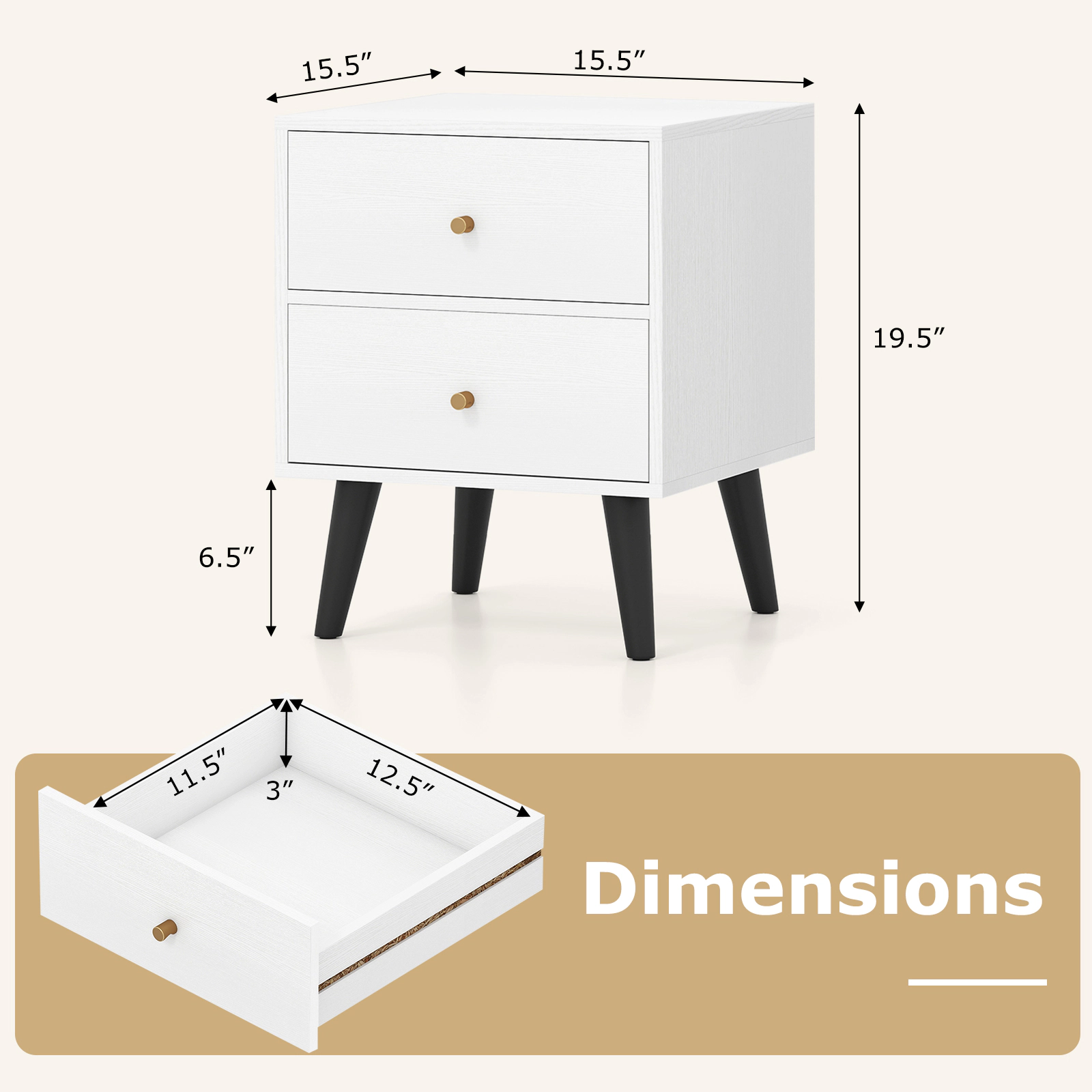 SUGIFT Set of 2 Mid-Century Nightstands, 19.5 in, White and Black