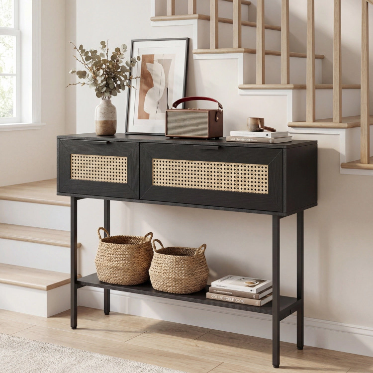 Hivvago Rattan Console Table With 2 Storage Cabinets Shelf Carbon Steel Frame