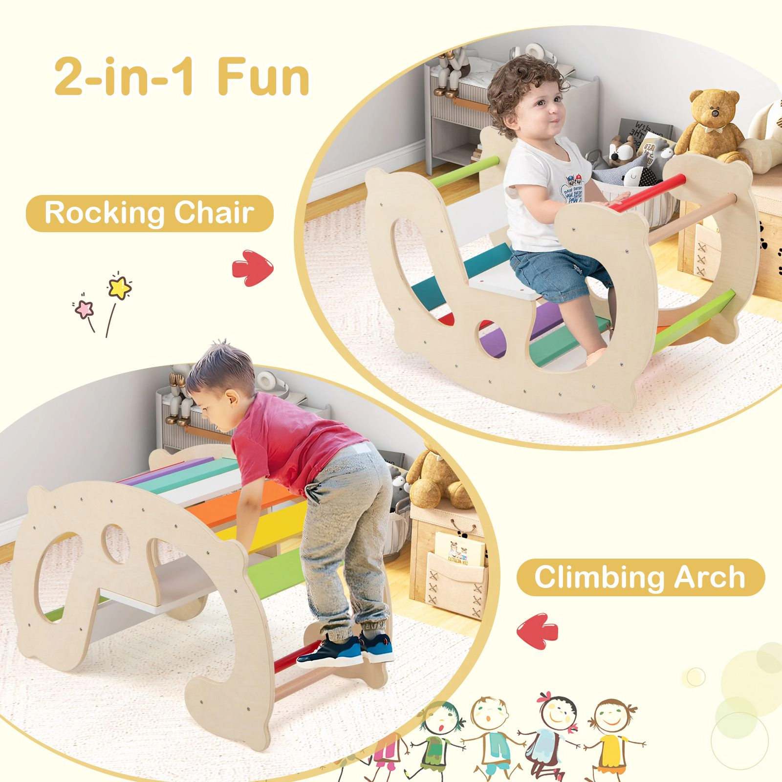 Slickblue 2-in-1 Wooden Climbing Arch Rocker Toy for Toddlers