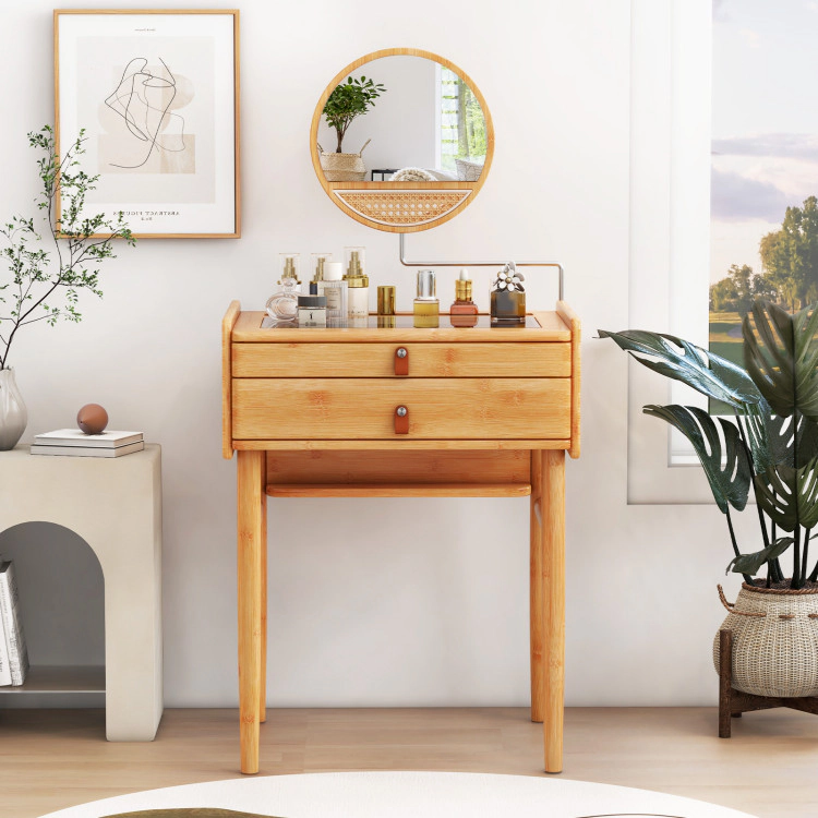 Hivvago Bamboo Makeup Vanity Table With Mirror With 2 Storage Drawers