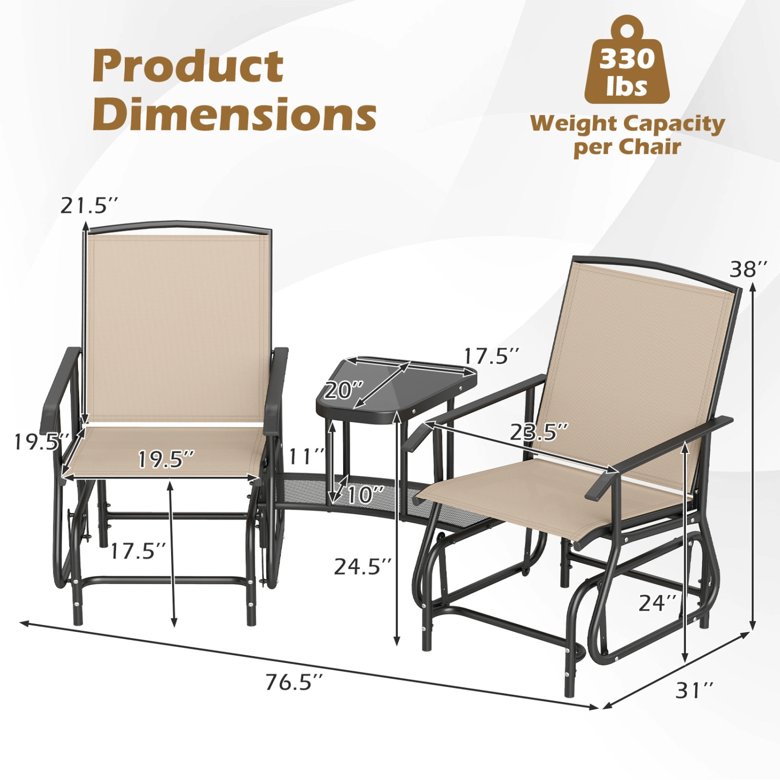 SUGIFT Beige 2-Seat Outdoor Metal Glider Bench with Independent Rocking Seats and 2-Tier Table