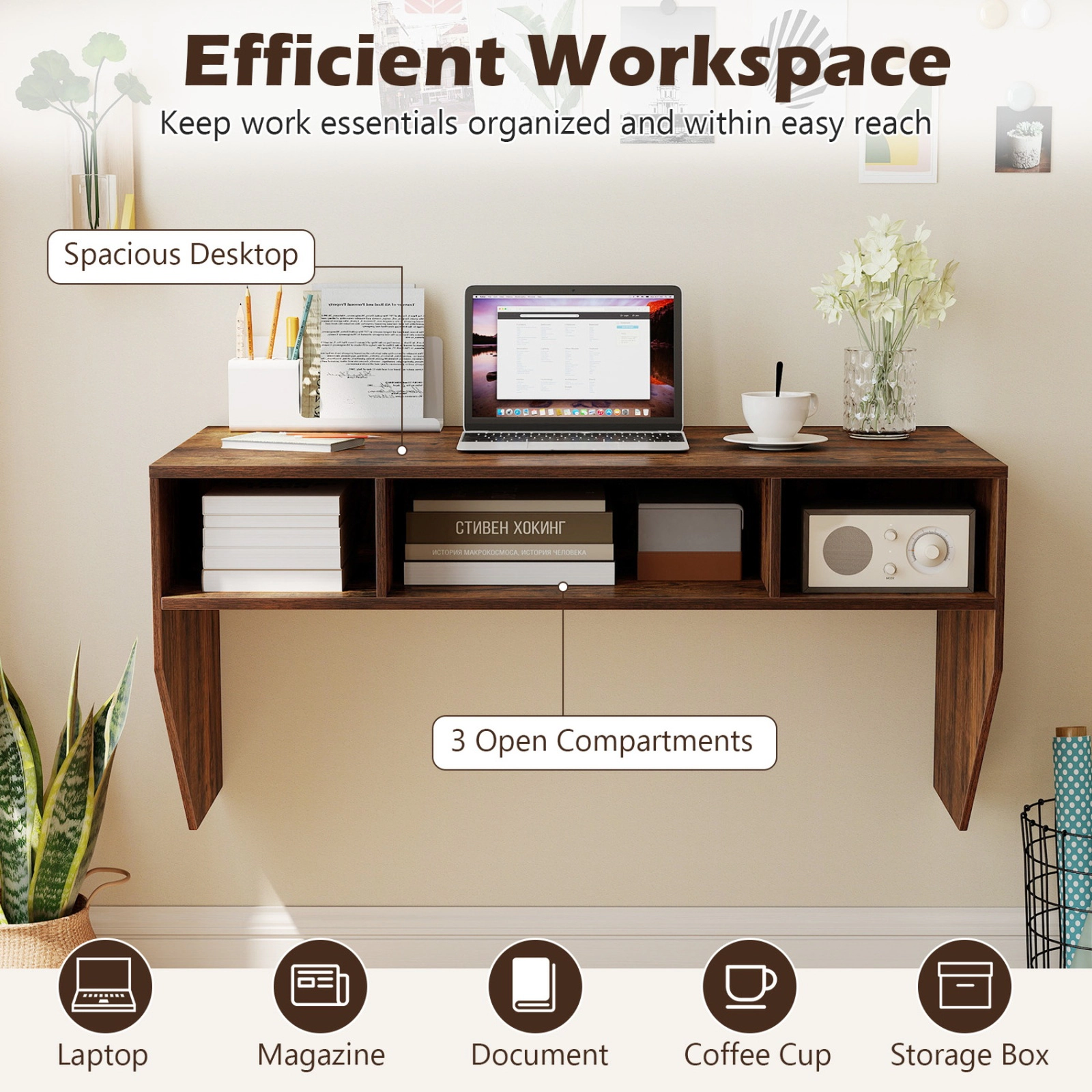 SUGIFT Rustic Brown Floating Laptop Desk, 41.5 in Wall-Mounted Desk with 3 Storage Cubes