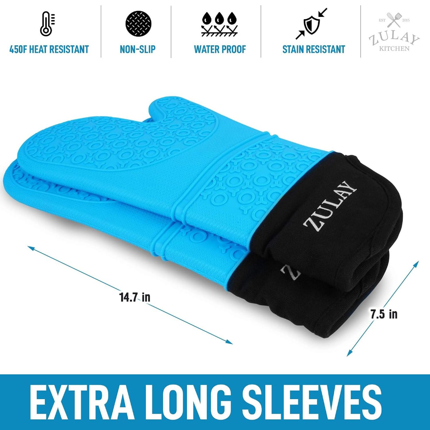 Zulay Kitchen Silicone Oven Mitts Set of 2 - Textured Non Slip Grip Heat Resistant