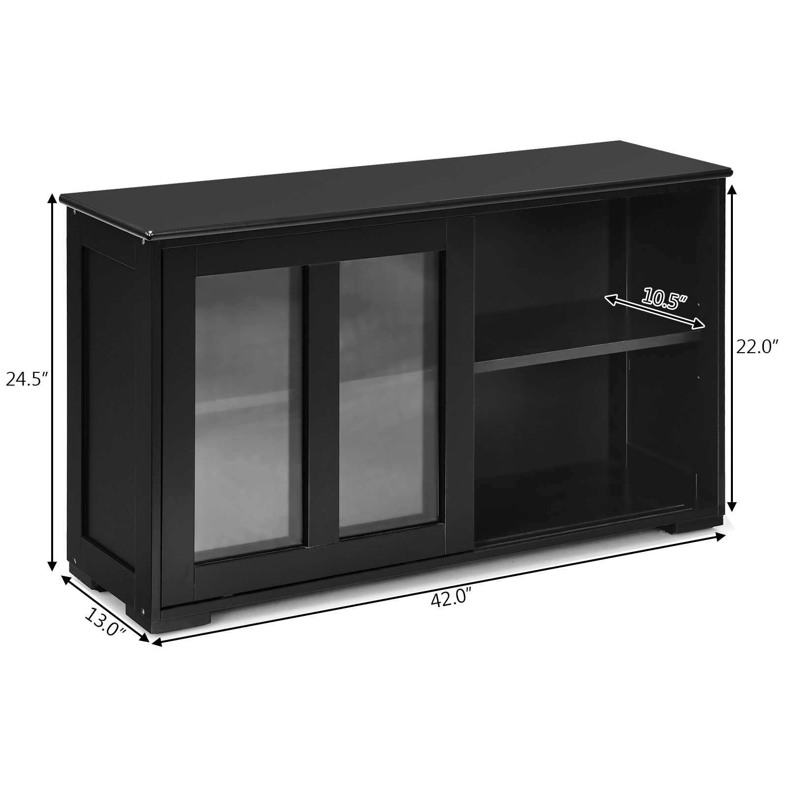 SUGIFT Painted MDF Kitchen Storage Cabinet with Sliding Tempered Glass Doors 24.5-in Tall Black