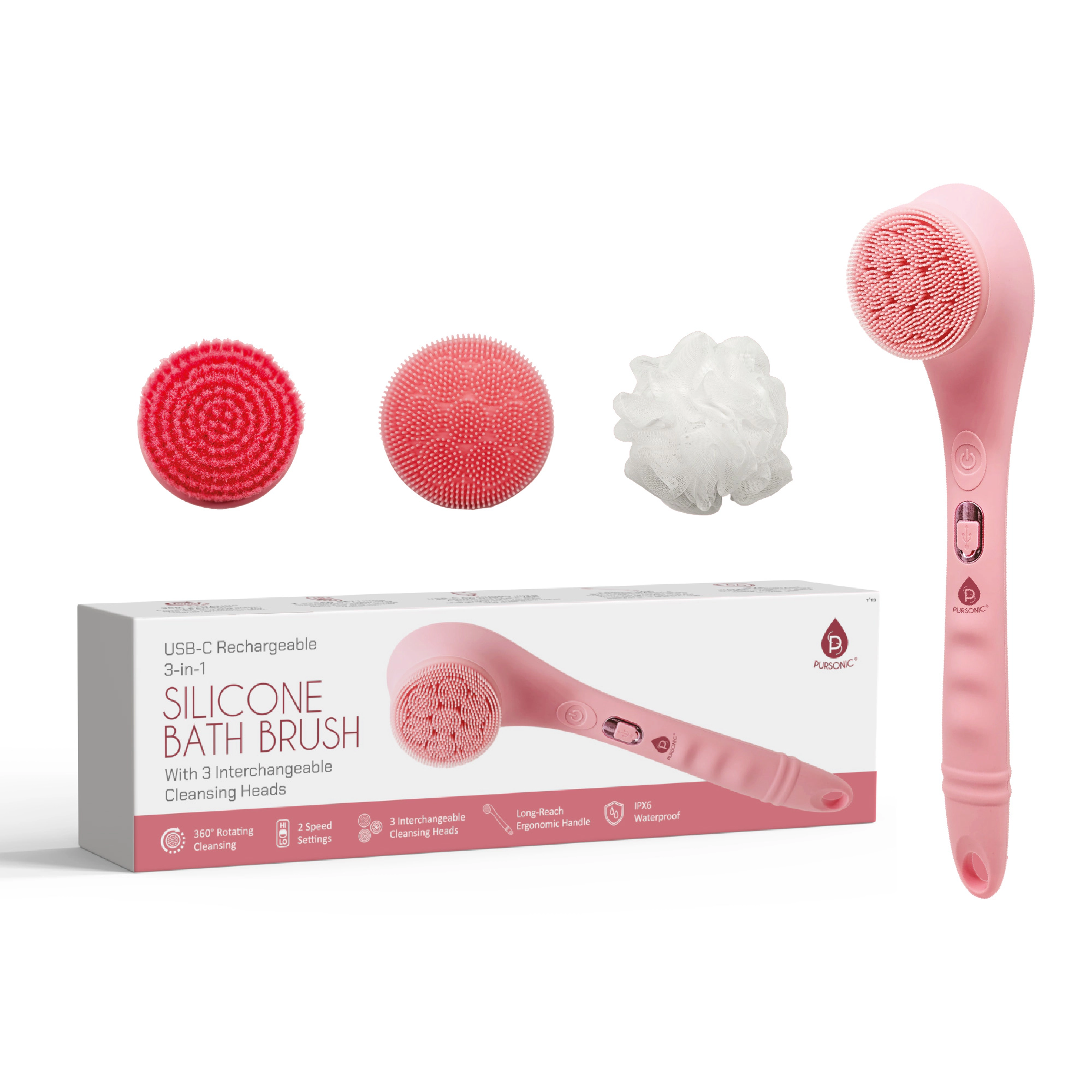 Pursonic Unisex Rechargeable Bath Care Device: Waterproof Silicone Bath Brush with 3 Interchangeable Brush Heads