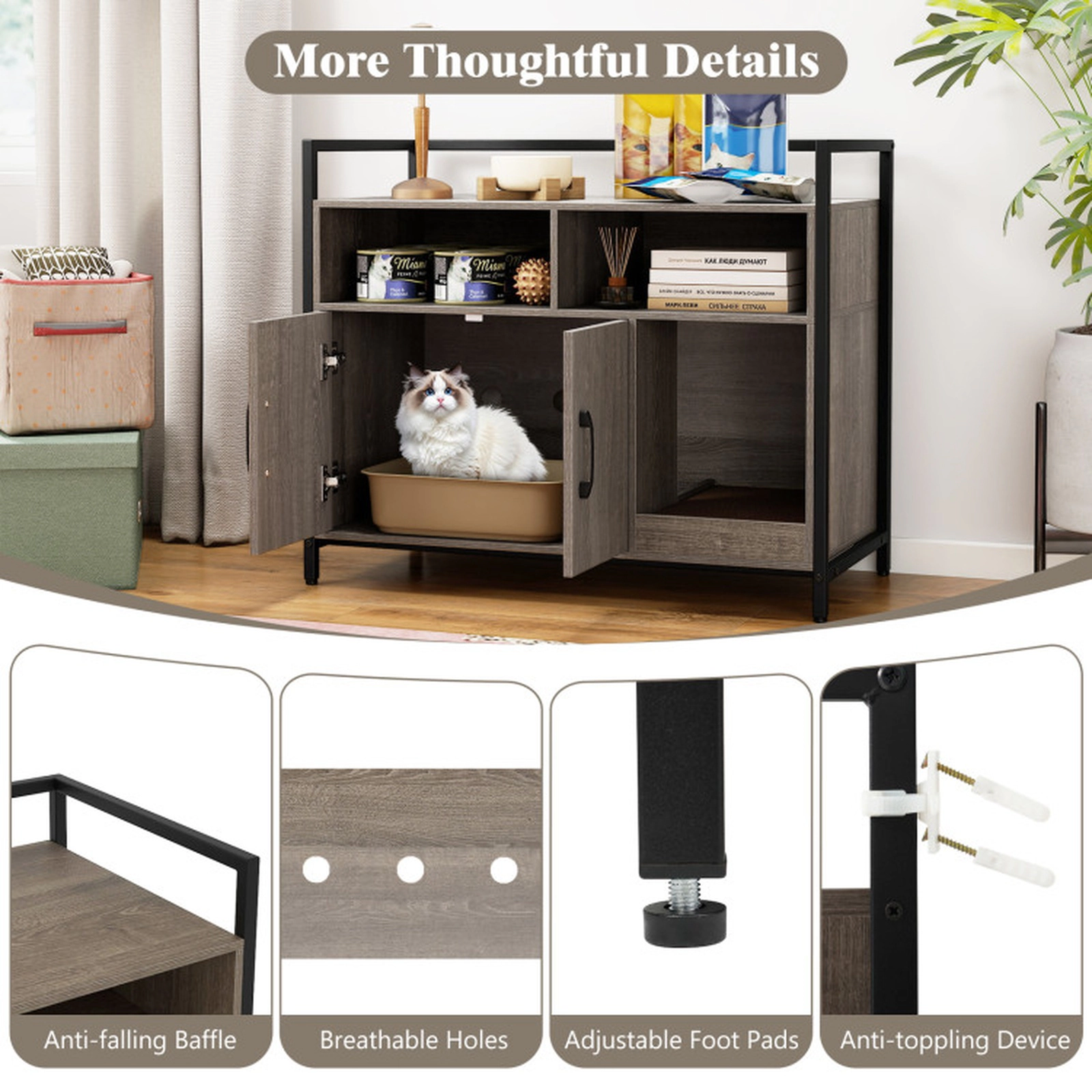 SUGIFT 35 x 29.5-in 110-lb Tabletop Capacity Oak Hidden Cat Litter Box Enclosure with Double Doors and Scratch Board