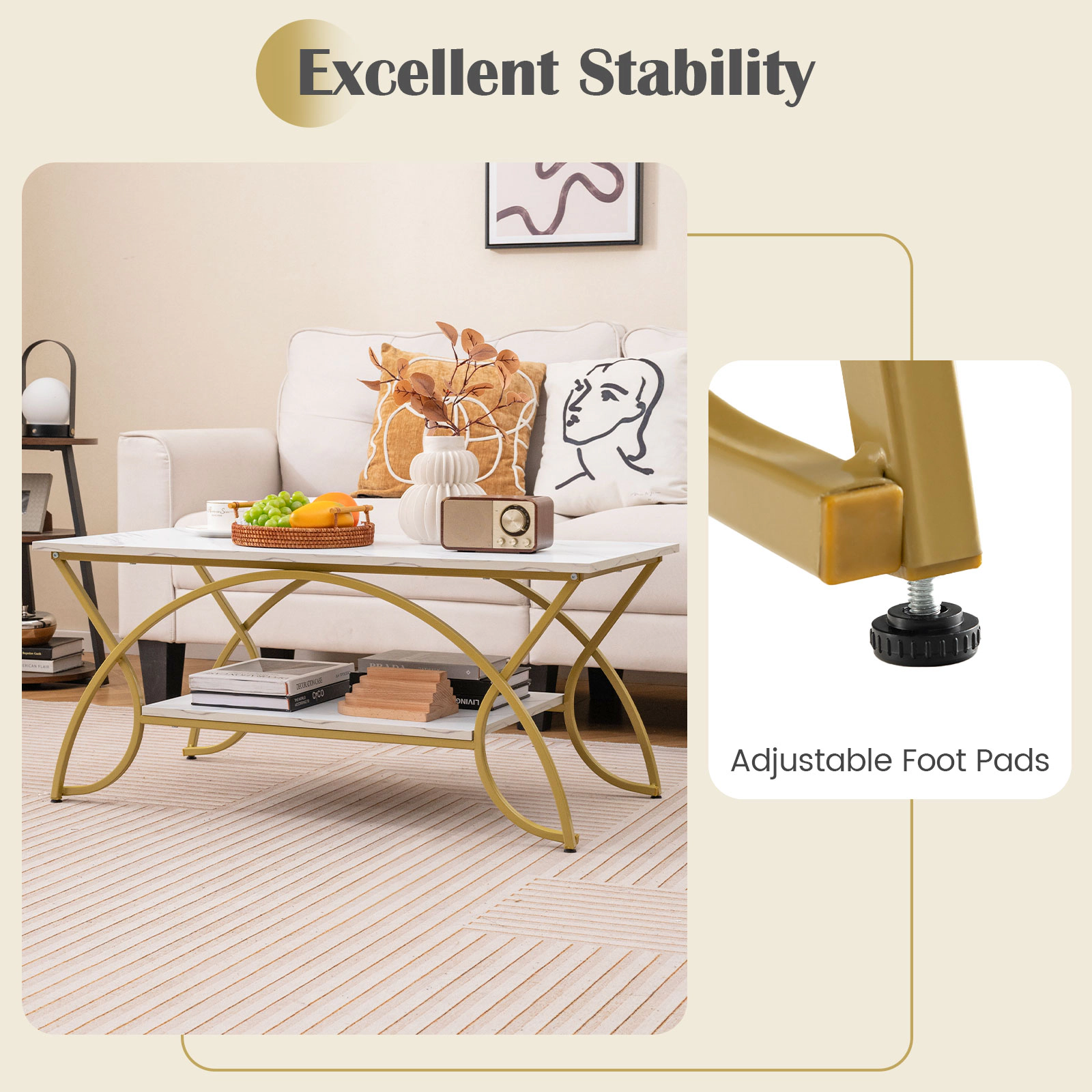 Hivvago 2-Level Coffee Table with Imitation Marble Finish and Sturdy Metal Structure