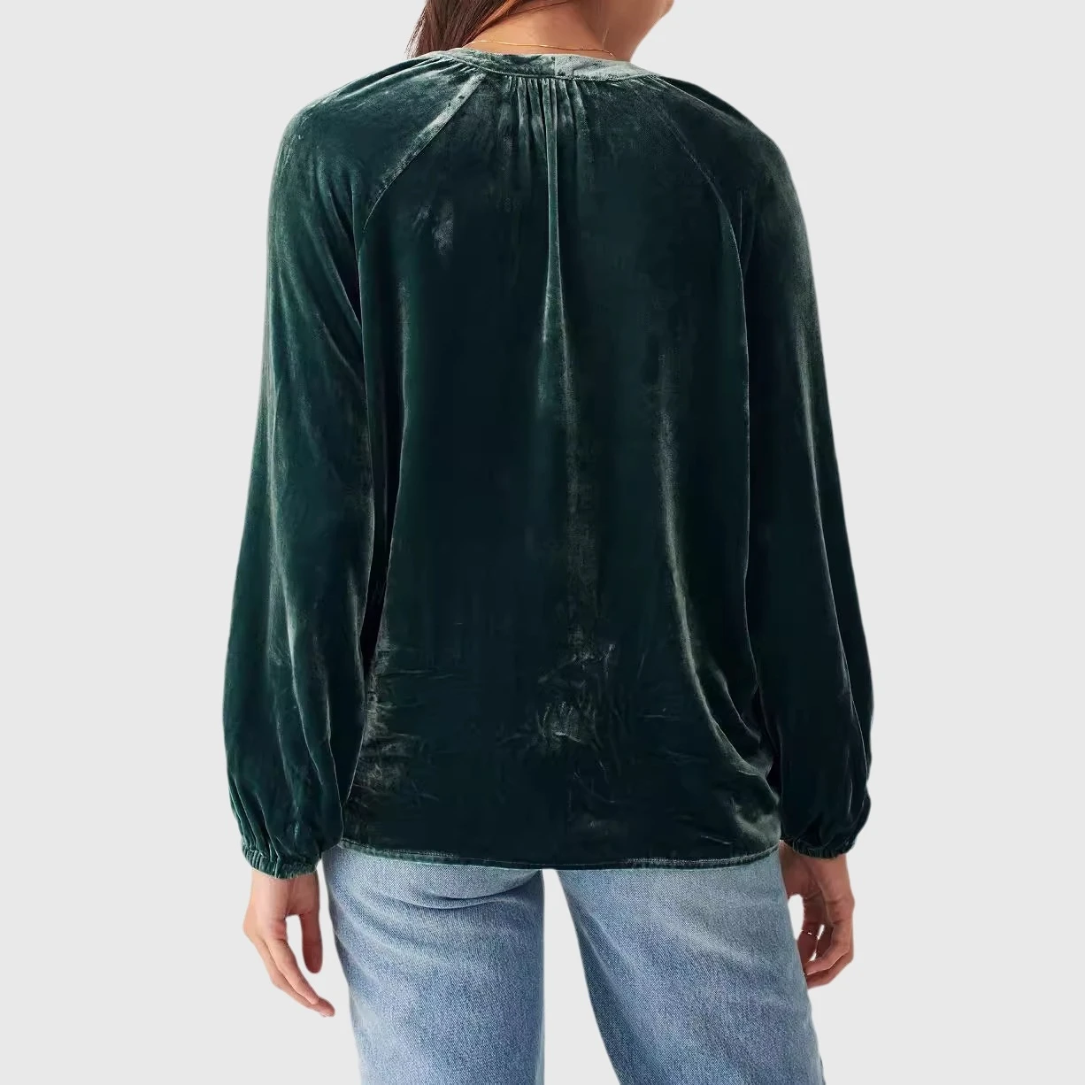 YesFashion Women's Velvet Shirts Tops Casual Pleated V Neck Puff Long Sleeve Button Down Work Blouse